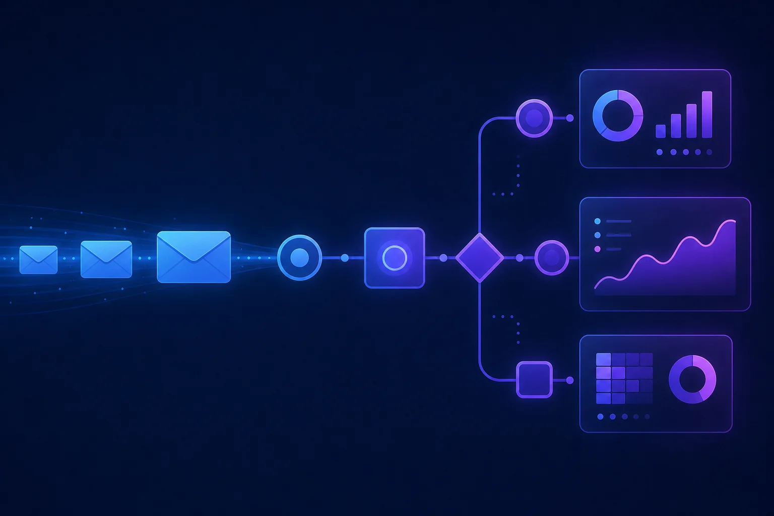 Automatisering en meetbare resultaten in e-mailmarketing Envelopvormen stromen door een geautomatiseerd diagram naar analytics-elementen, symbool voor e-mailautomatisering en resulta