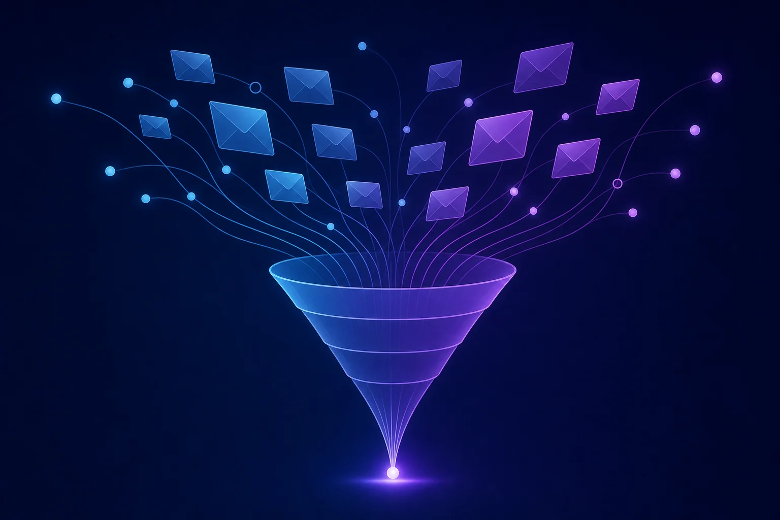 Bouw een lijst die converteert - visuele funnel Abstracte trechter van envelop-vormen die contactpunten verzamelt, symbool voor het opbouwen van een converterende e-maillijs