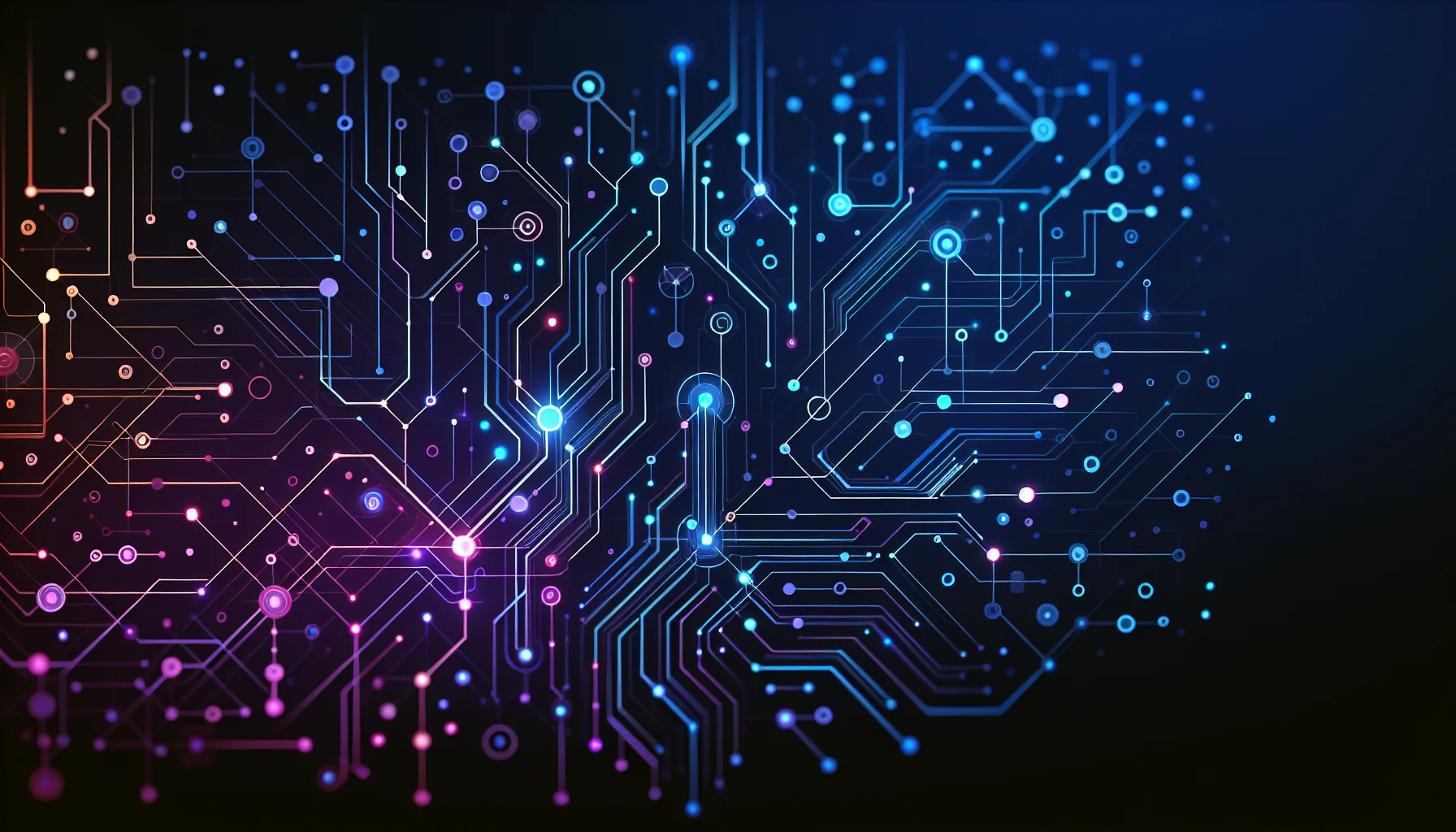 Visuele weergave van AI-netwerk knooppunten en verbindingen Abstract neurale netwerk knooppunten met gloeiende verbindingen in blauw-paarse gradiënt voor ChatGPT alternatieven