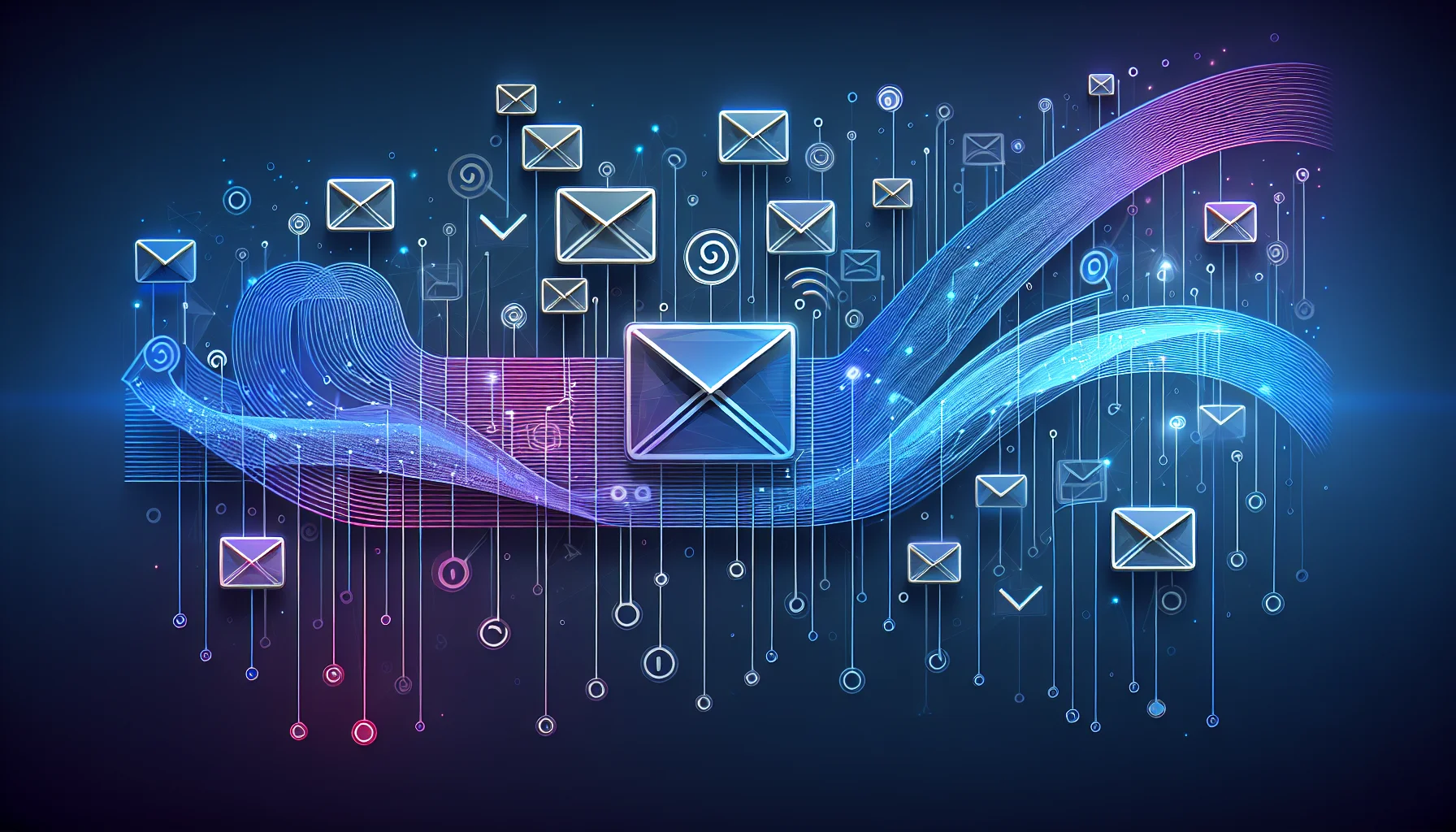 Email marketing visualisatie voor ActiveCampaign software review Abstracte enveloppen verbonden door flow diagrammen voor ActiveCampaign email marketing review