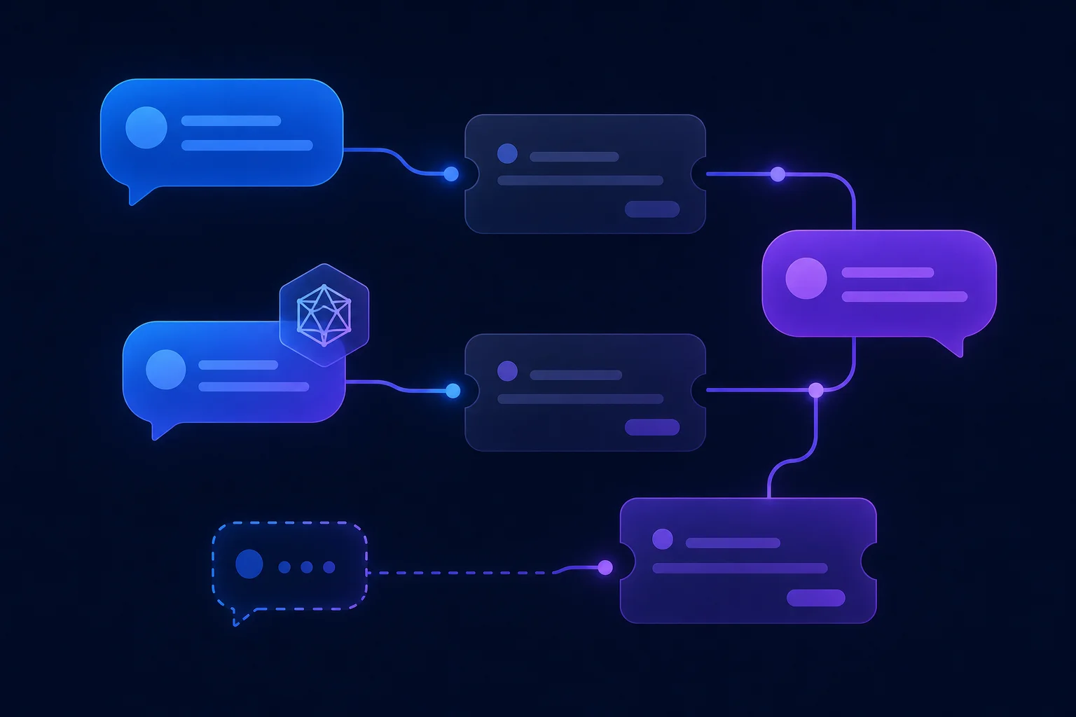 Abstracte chatbubbels en ticketvormen tonen transparante AI-conversatiestroom in helpdesktools