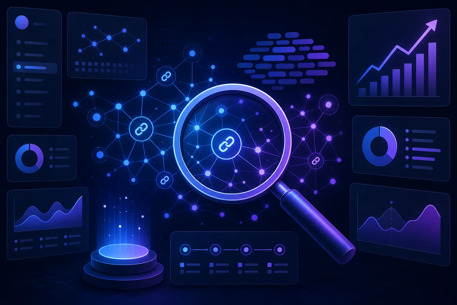 Vergelijking van backlink checker tools voor SEO Abstracte vergrootglas boven netwerk van gekoppelde nodes symboliseert analyse van backlinks