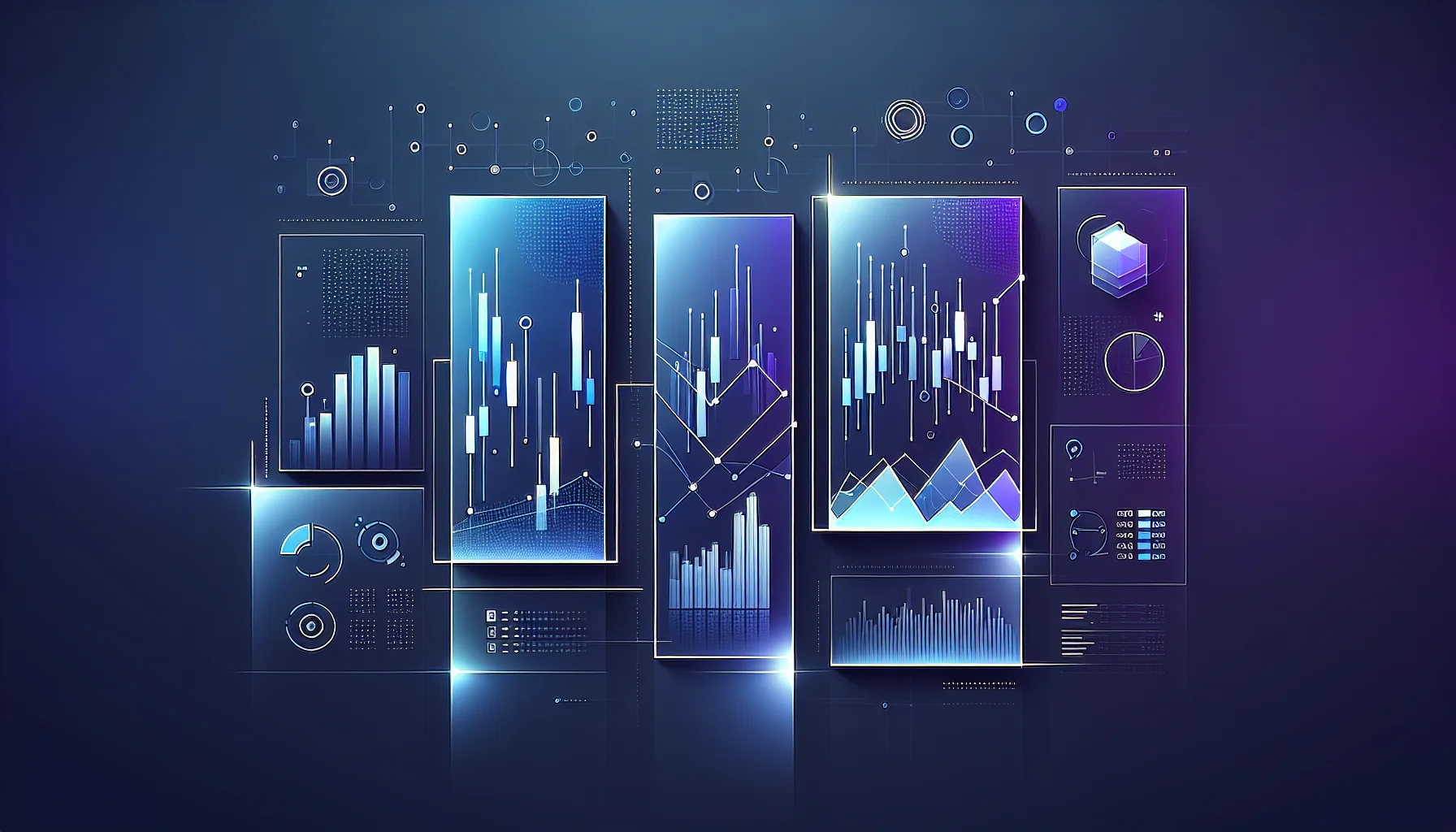 Top 5 beste brokers Nederland 2026 visualisatie Vijf abstracte trading interface panelen gerangschikt als top 5, met candlestick grafieken in blauw-paarse tinten