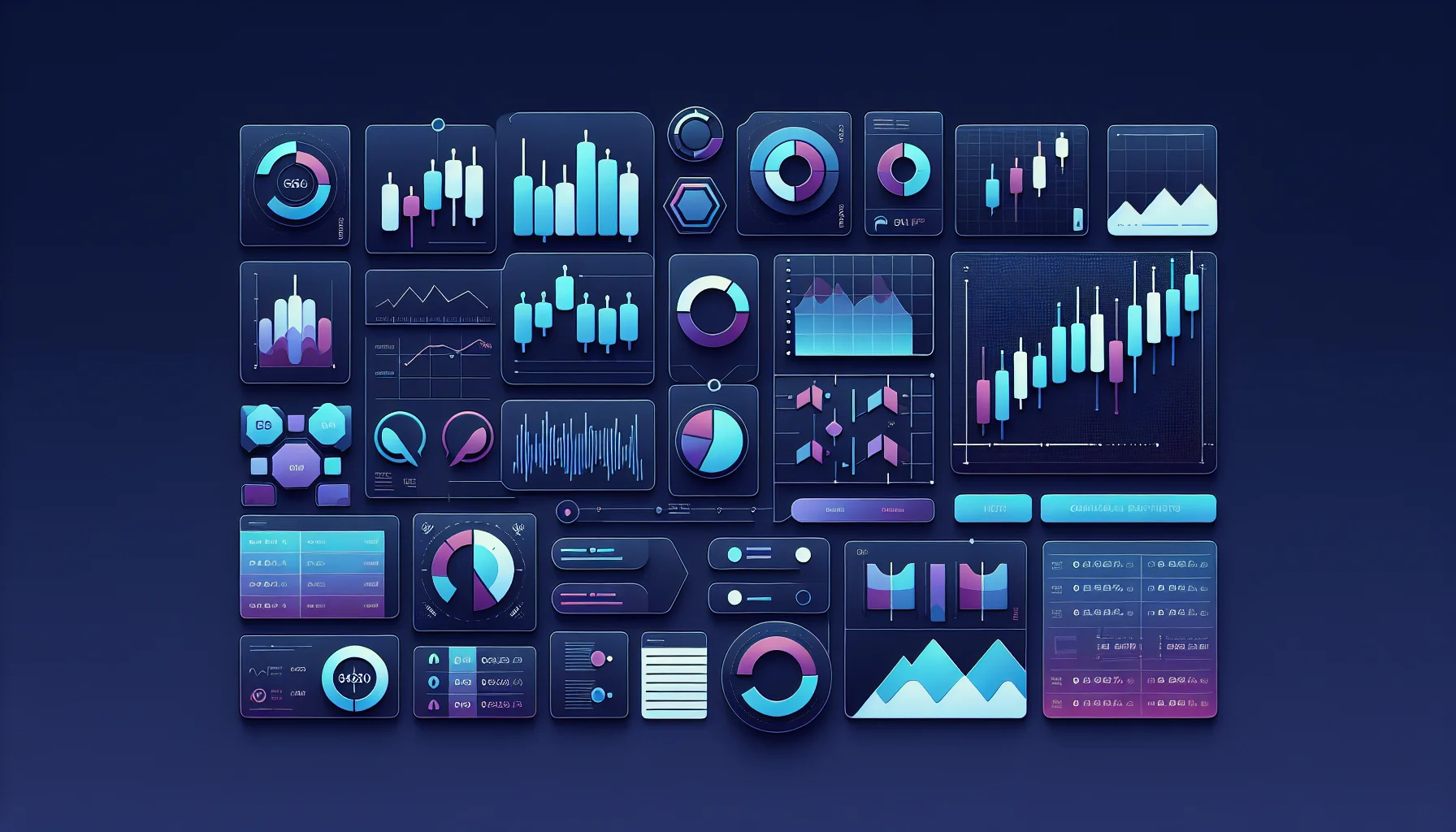Crypto broker functies vergelijking visualisatie Abstracte weergave van crypto broker functionaliteiten met candlestick charts en dashboard elementen