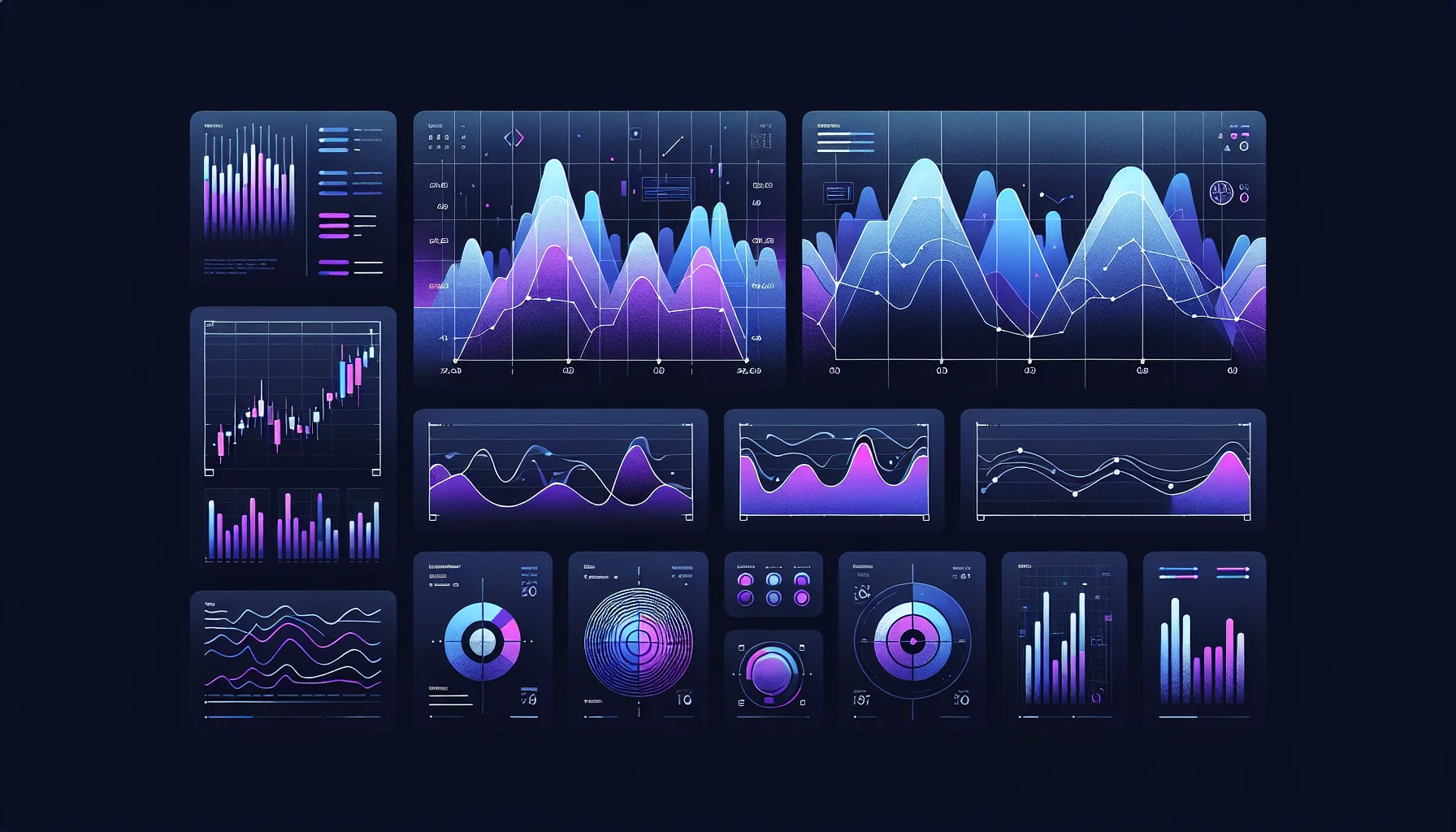 Top 5 ETF brokers Nederland 2026 trading platforms vergelijking Vijf abstracte trading dashboards met verschillende candlestick grafieken in blauw-paarse kleuren op donkere achtergrond