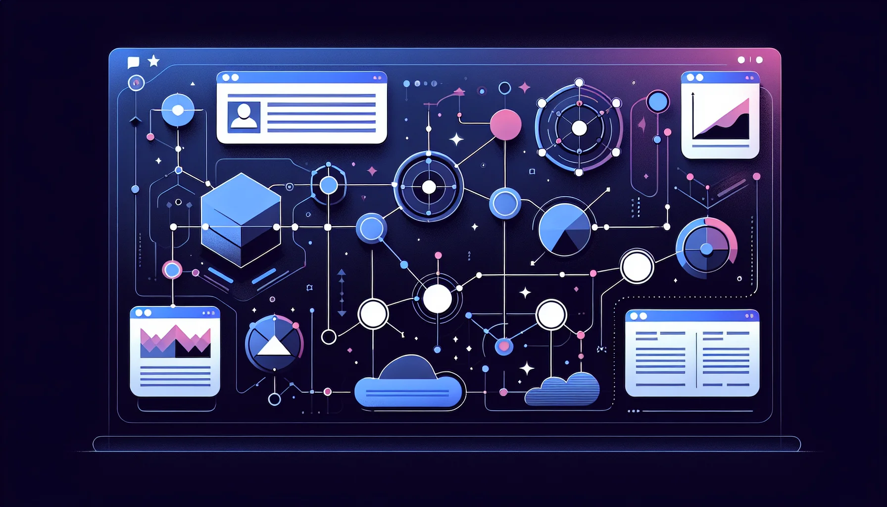 Abstract CRM dashboard interface met pipeline visualisatie en klantrelatie netwerk nodes in blauw-paars gradient