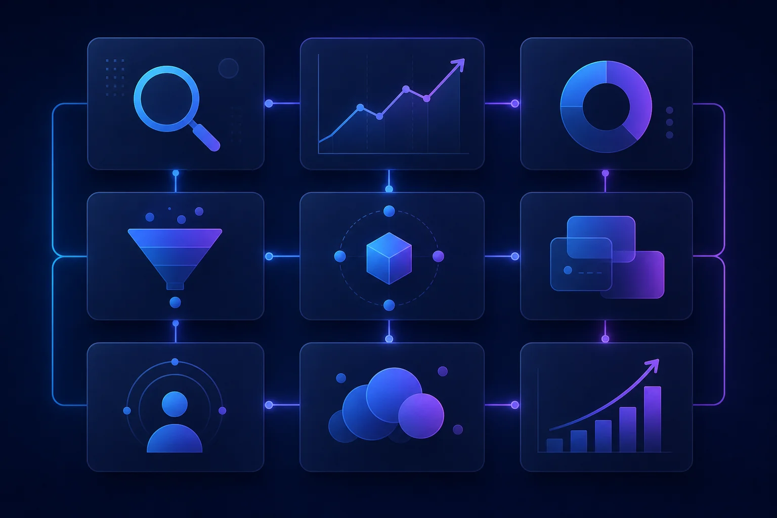 Overzicht van de 9 beste SEO tools Negen abstracte panelen met vergrootglas, groeicurves en keyword-wolk symboliseren de 9 beste SEO tools op een rij