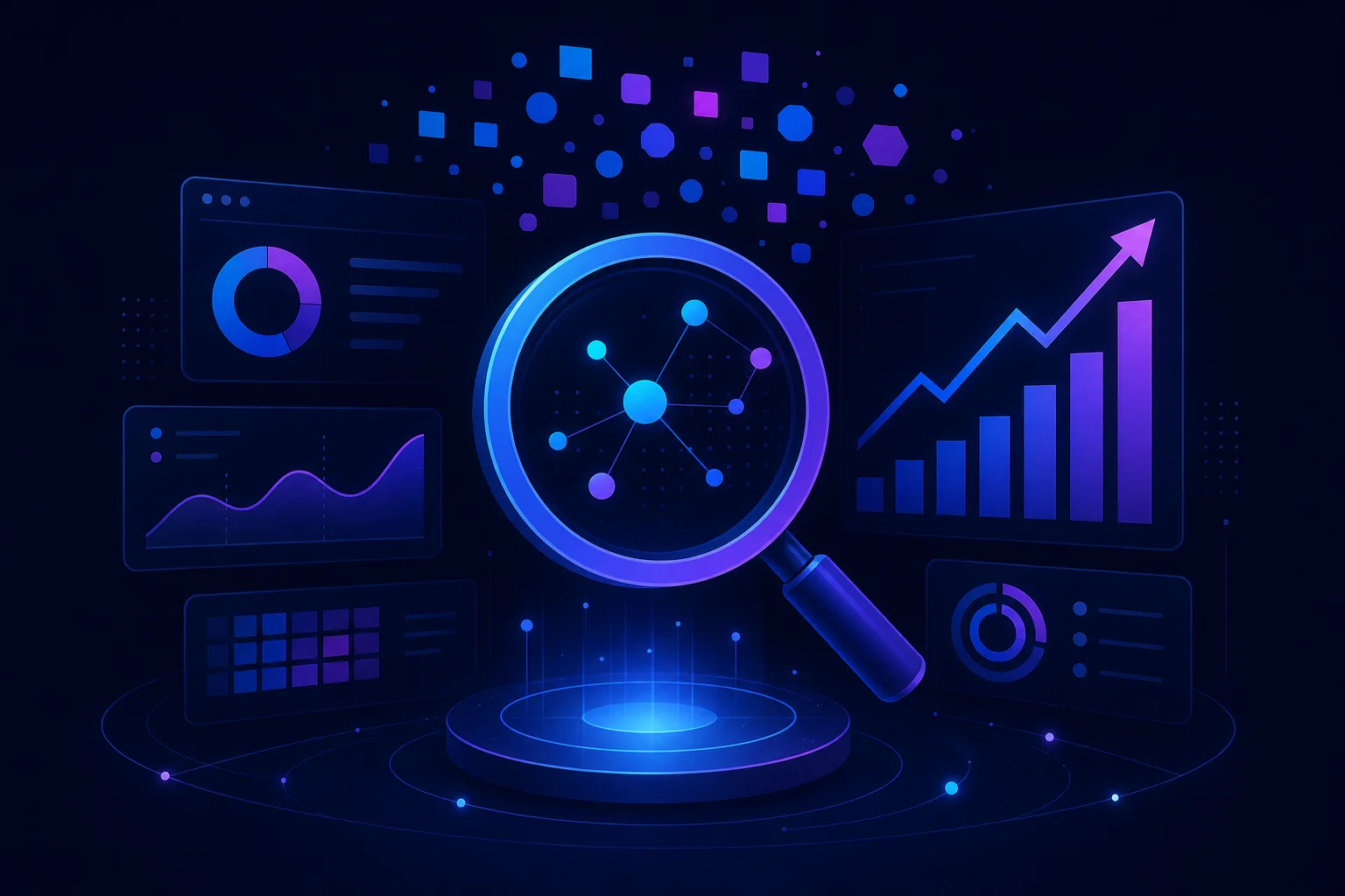 Vergelijking van SEO tools in abstracte visuele vorm Abstracte illustratie van een vergrootglas, stijgende grafieklijnen en een keyword cloud in blauw-paarse tinten