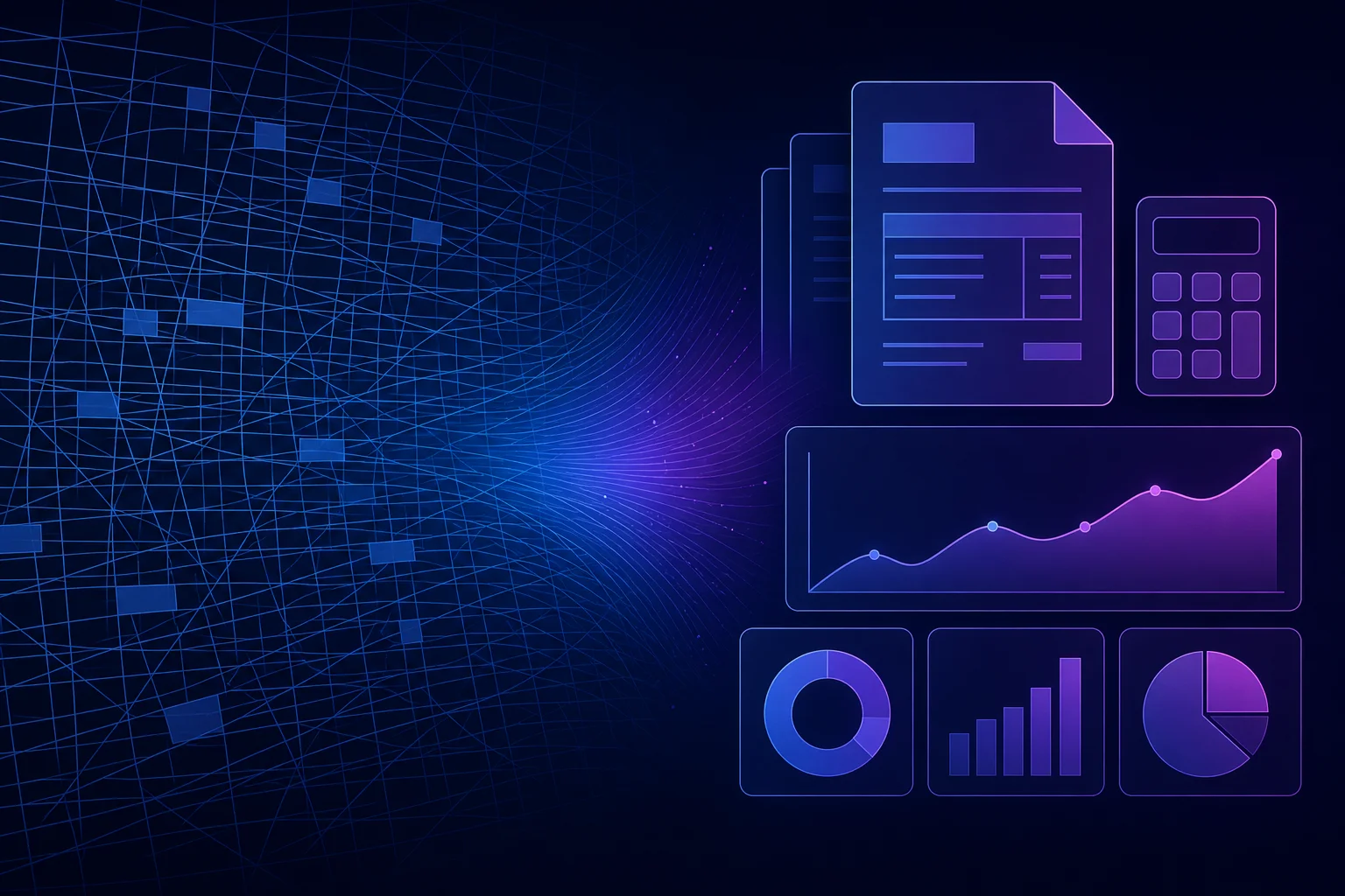 Illustratie die chaotisch Excel-rekenblad contrasteert met overzichtelijk boekhoudprogramma dashboard met facturen en rekenma