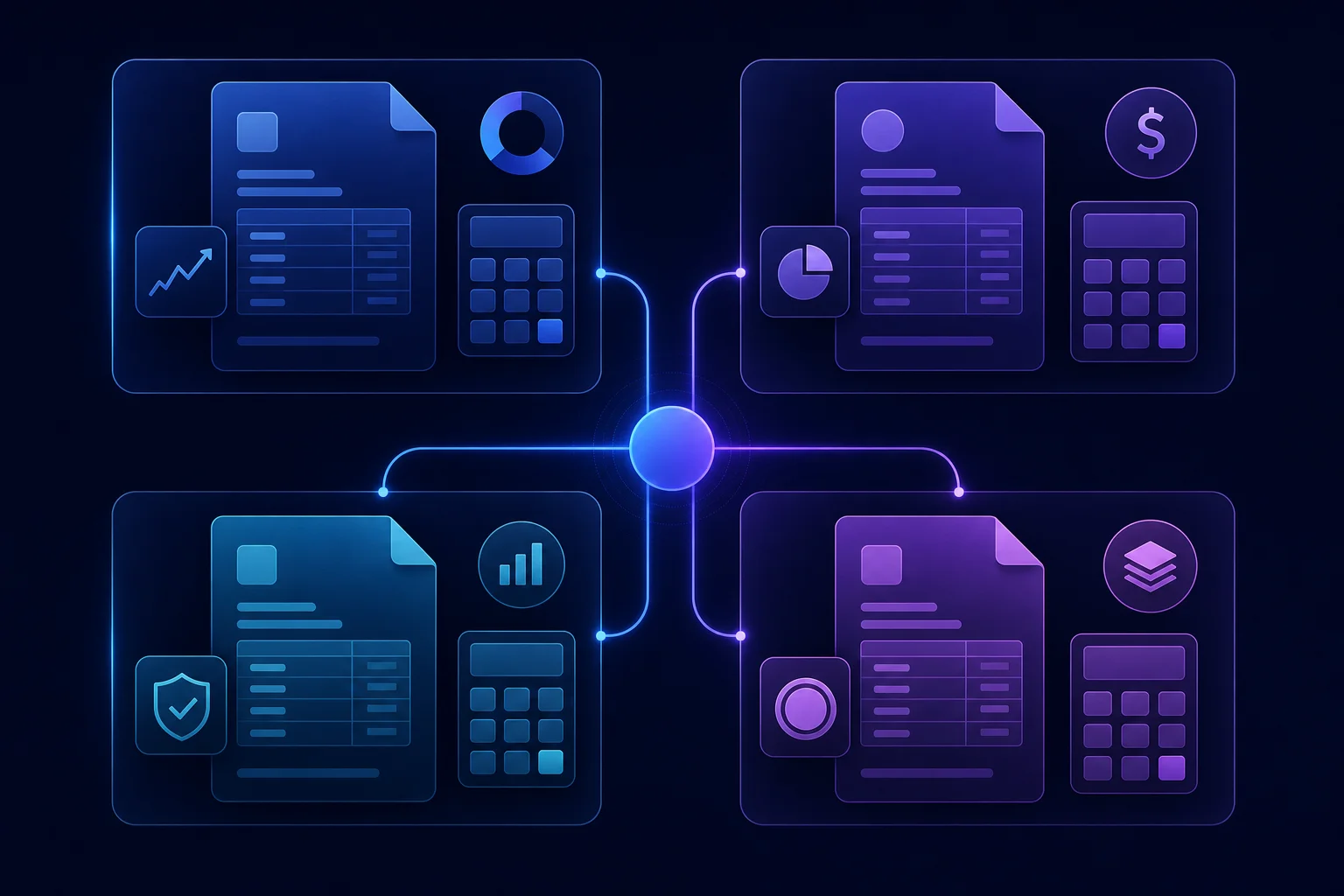 Vier abstracte panelen met factuur- en rekenmachine-iconen symboliseren de vergelijking van boekhoudtools voor eenmanszaken