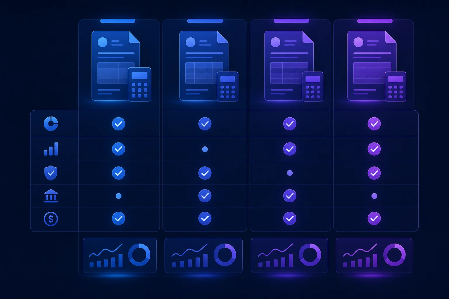 Abstracte vergelijking van boekhoudfuncties met factuur-, rekenmachine- en financiële iconen naast elkaar