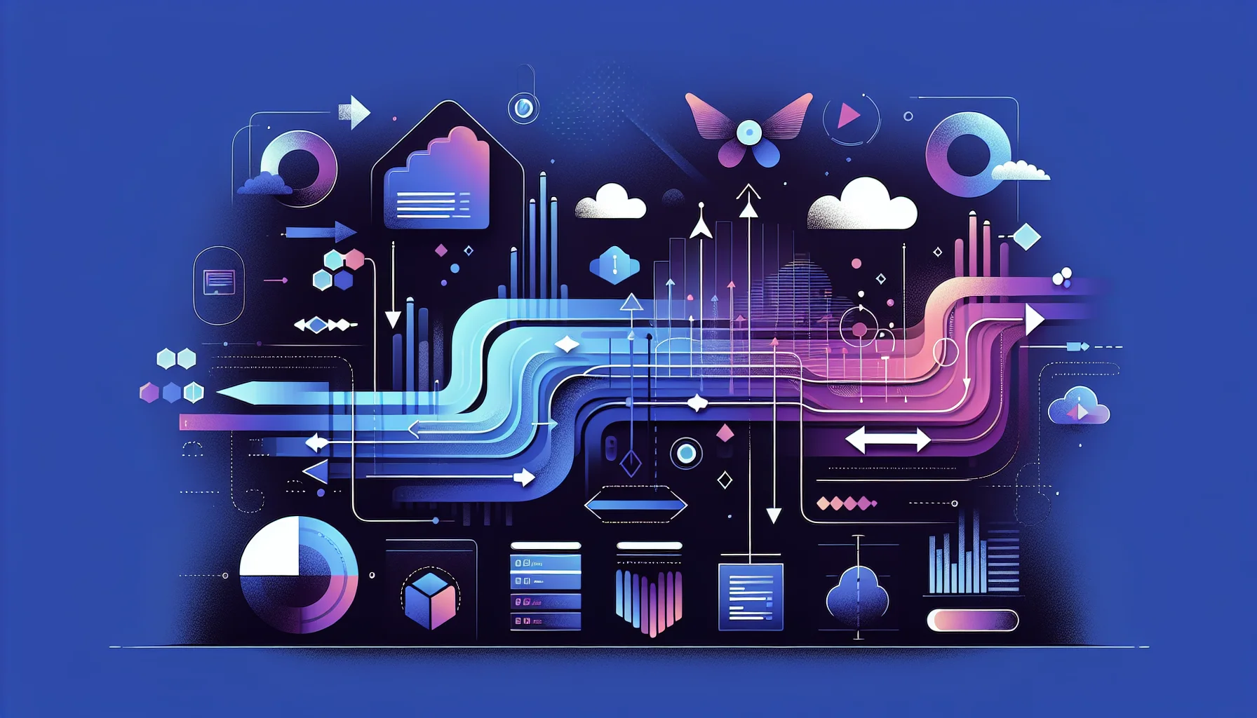 Abstracte illustratie van software-overgang met migratiepijlen en dataoverdracht elementen