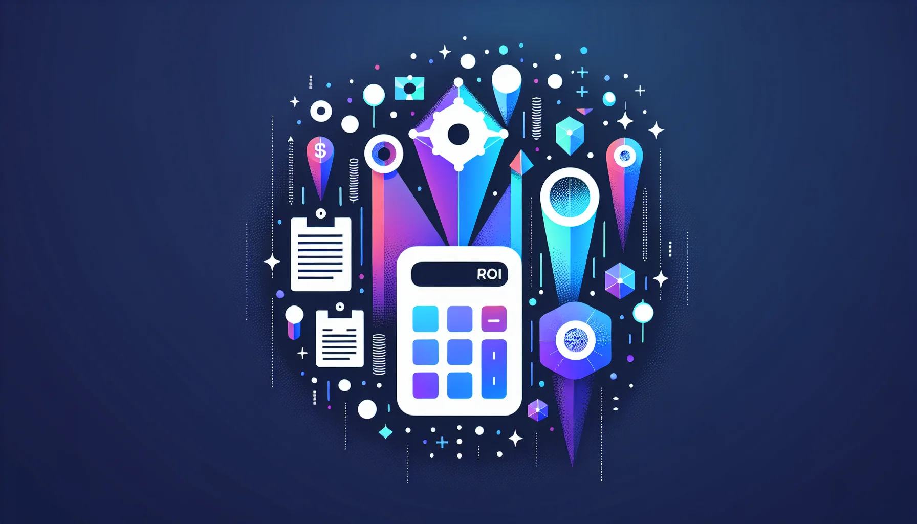 Abstracte illustratie van kosten-baten analyse met rekenmachine elementen en financiële iconen in blauw-paarse tinten