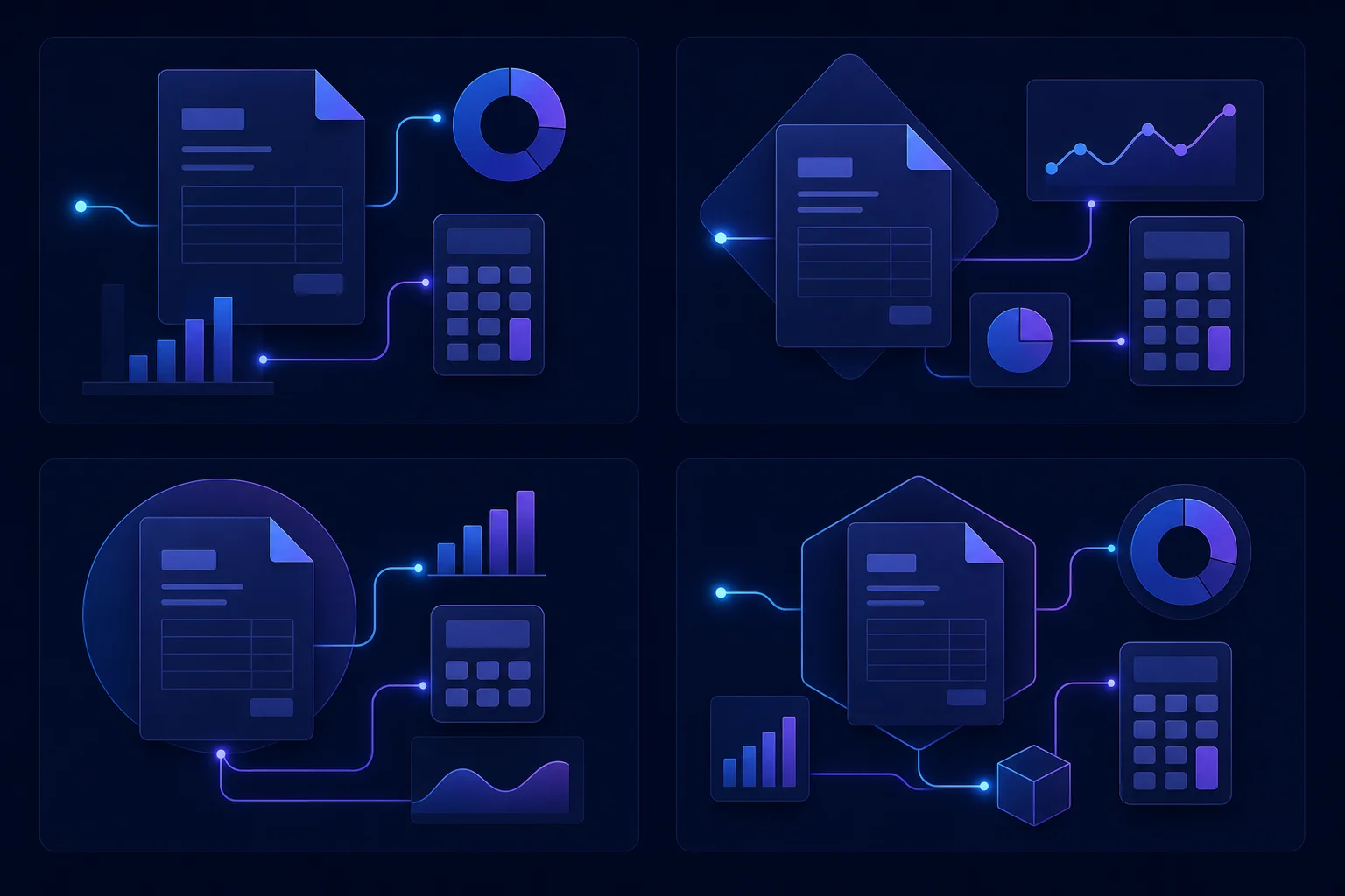 Vergelijking van 4 gratis boekhoudsoftware opties Vier abstracte geometrische panelen met factuur- en rekenmachine-iconen symboliseren de vergelijking van gratis boekhoudsoftw