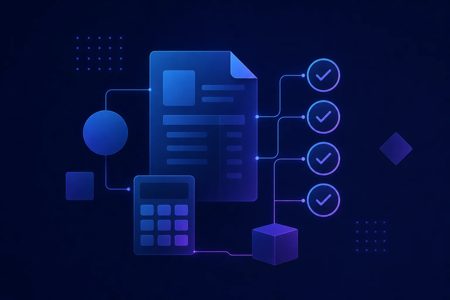 Waar let je op bij gratis boekhoudsoftware Abstracte checklist met factuur-, rekenmachine- en vinkjes-iconen symboliseert criteria voor gratis boekhoudsoftware