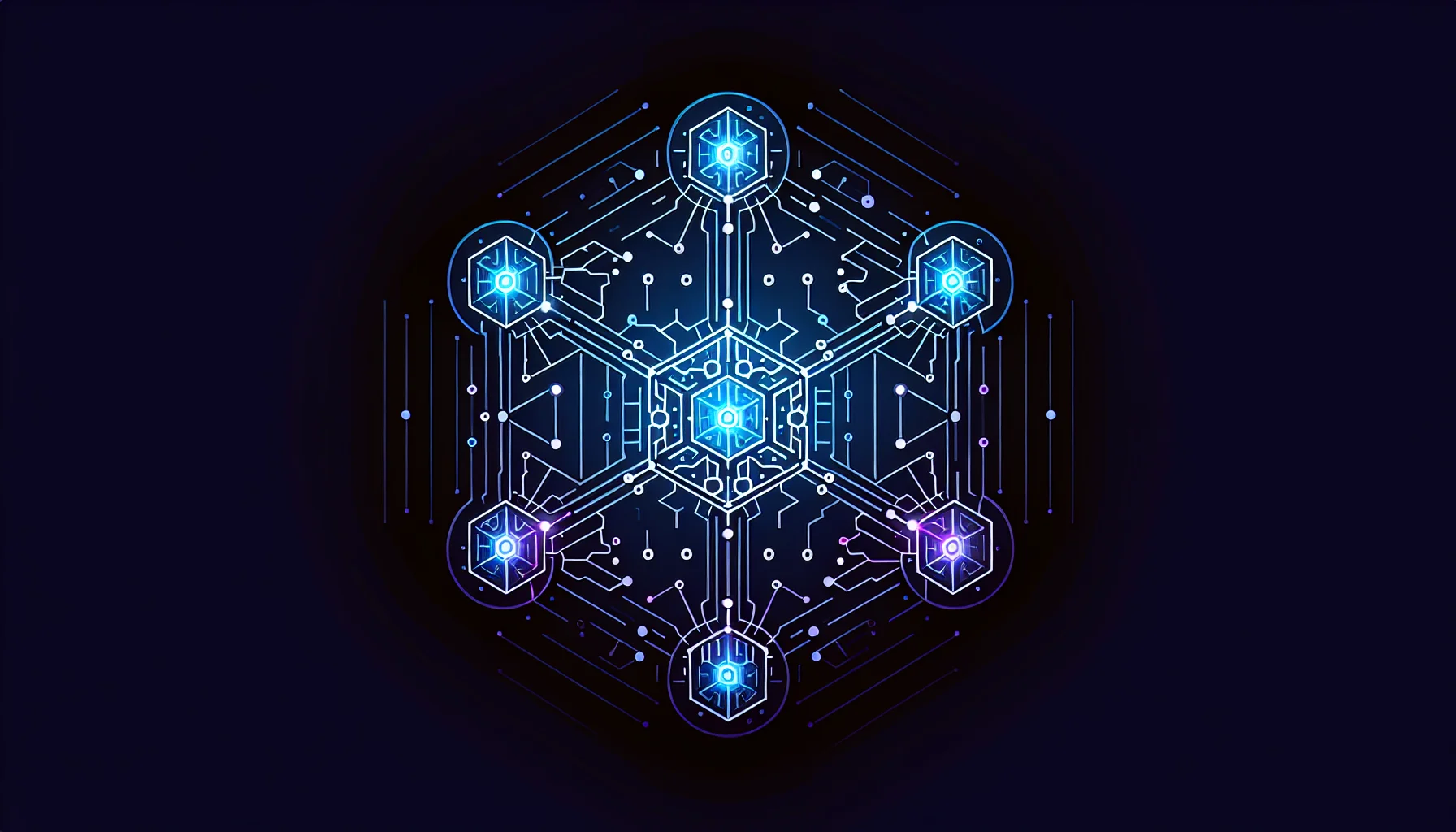 Vijf verbonden AI-netwerk nodes met circuit patronen op donkere achtergrond voor ChatGPT alternatieven