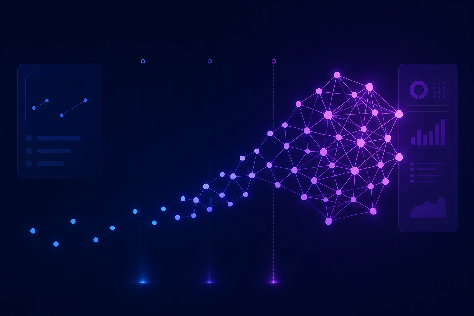 Het kantelpunt: wanneer groei vraagt om een CRM-systeem Groeiende netwerkgrafiek van losse punten naar verbonden knooppunten, symbool voor het omslagpunt wanneer een CRM nodig is