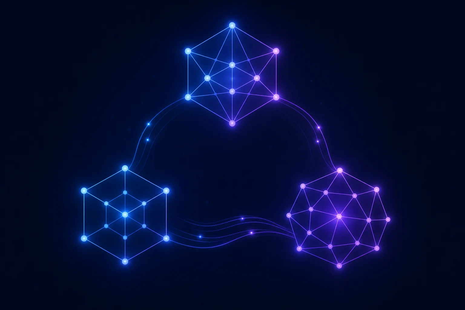 Betekenis van C, R en M in CRM visueel uitgelegd Drie verbonden abstracte knooppuntclusters symboliseren de betekenis van Customer, Relationship en Management in CRM