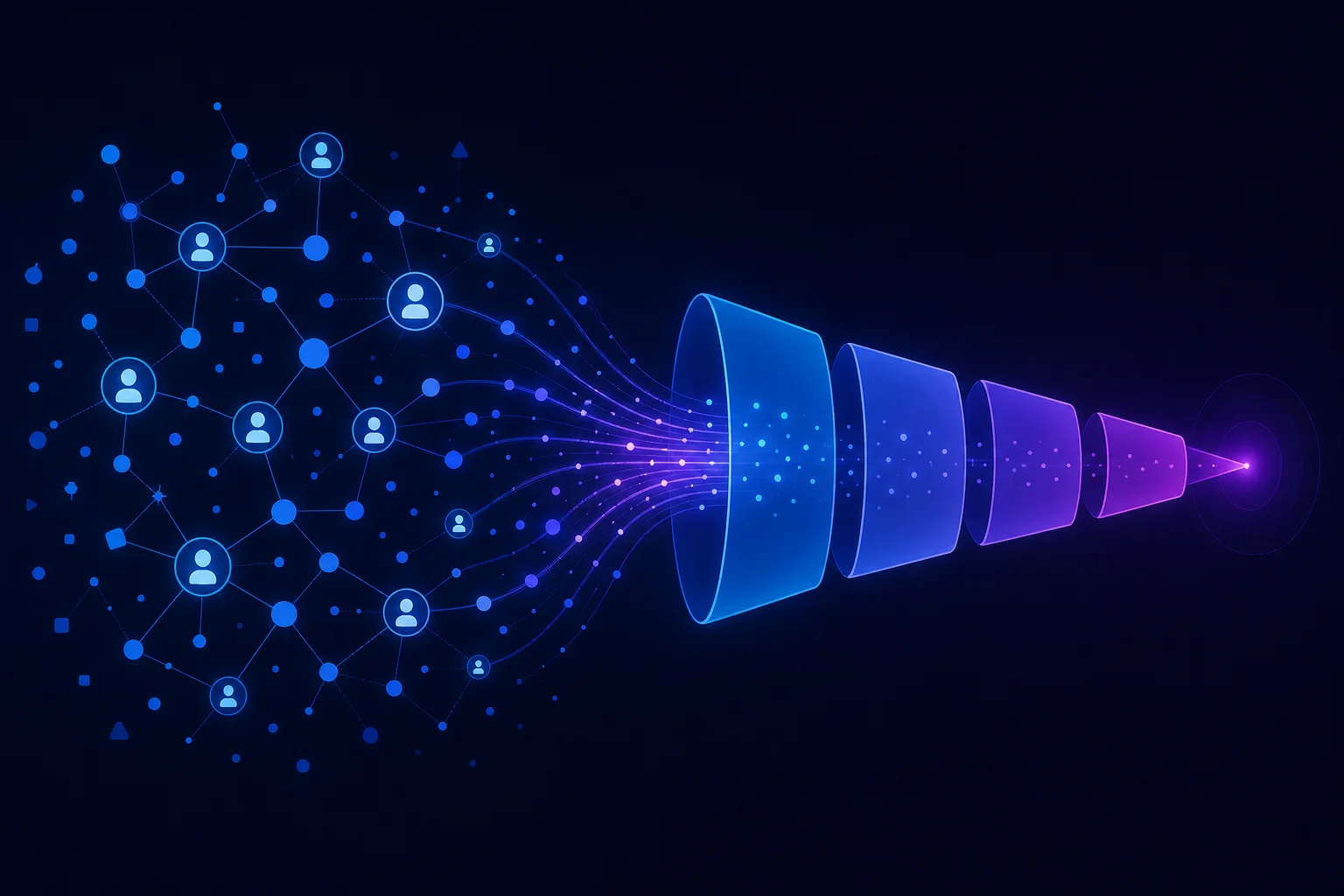 Waarom een CRM systeem nodig is voor klantbeheer Abstracte visualisatie van verspreide klantgegevens die samenkomen in een georganiseerde pipeline, symbool voor noodzaak CRM