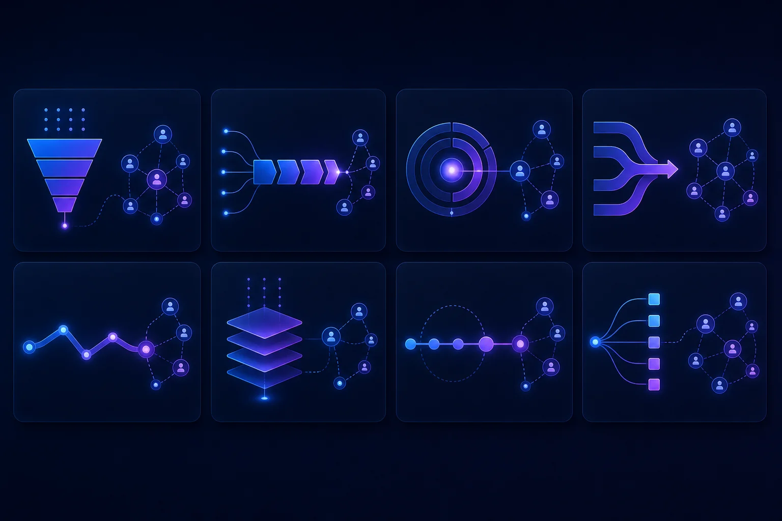 Acht abstracte dashboardpanelen met pipeline-visualisaties symboliseren de vergelijking van 8 CRM-systemen