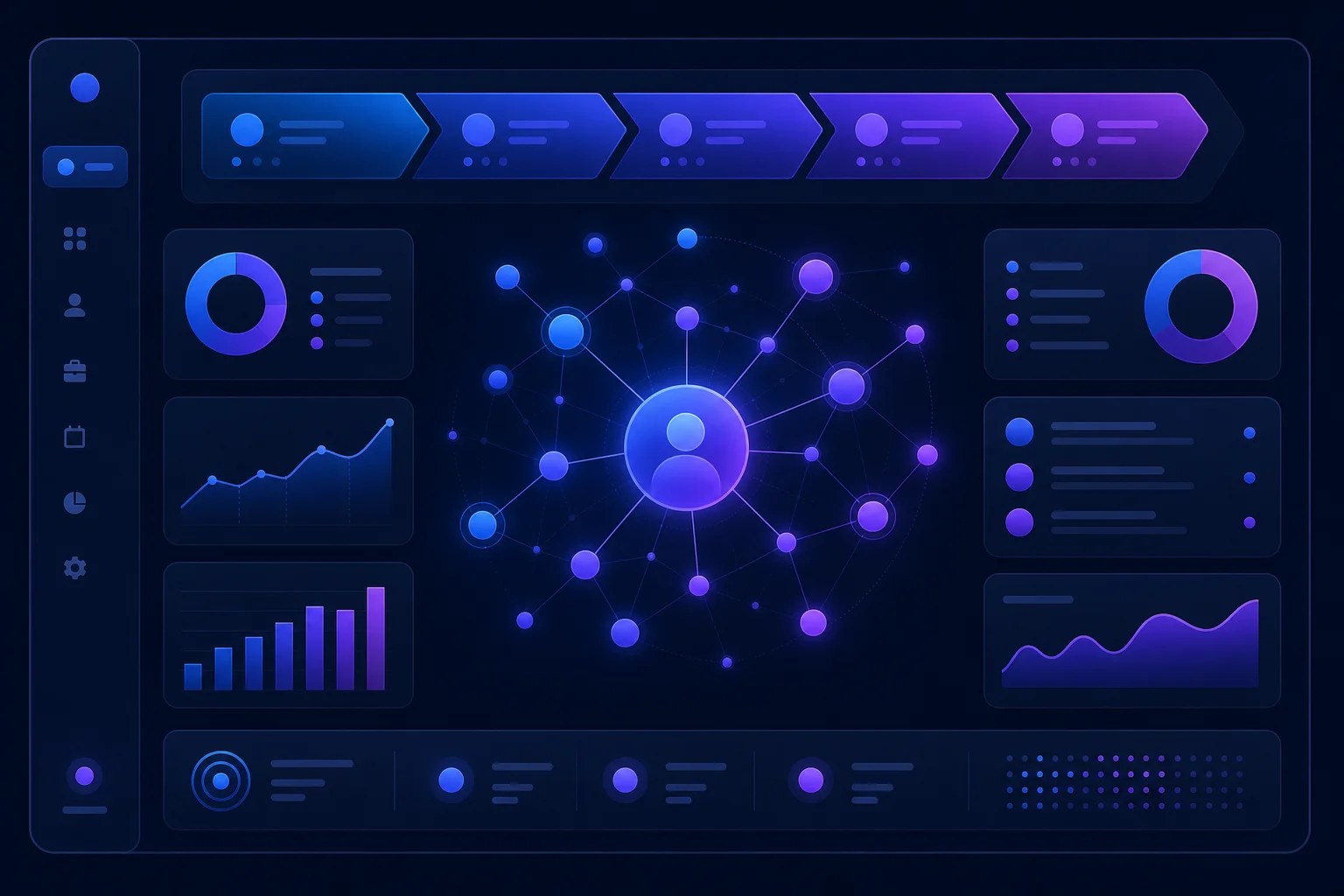 Vergelijking van CRM dashboards en pipeline-visualisaties Abstract dashboard met pipeline-visualisatie en verbonden klantrelatie-knopen in blauw-paarse gradiënt