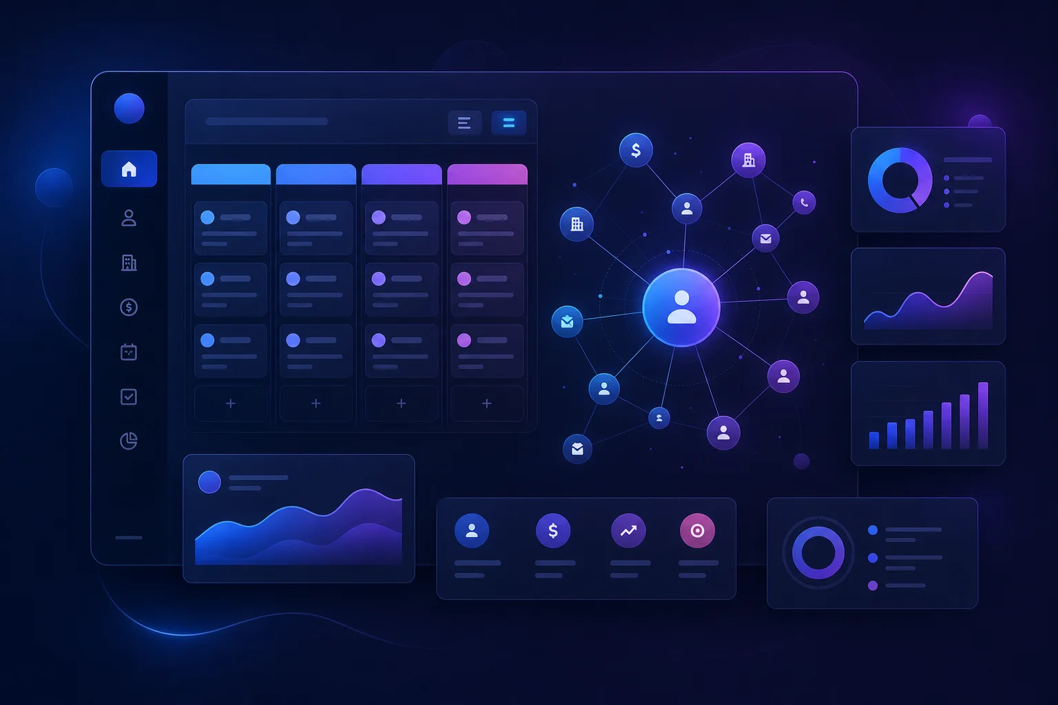 CRM-dashboard visualisatie voor zzp'ers Abstract dashboard met pipeline-kaarten en verbonden klantrelatie-knooppunten in blauw-paarse gradient