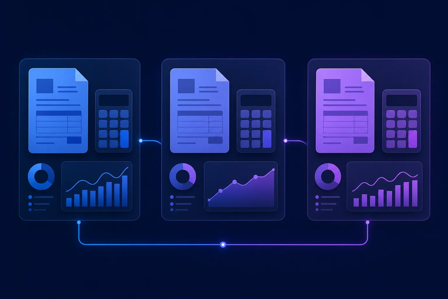 Drie abstracte softwarepanelen met factuur- en rekenmachine-iconen symboliseren vergelijking tussen e-Boekhouden en alternati