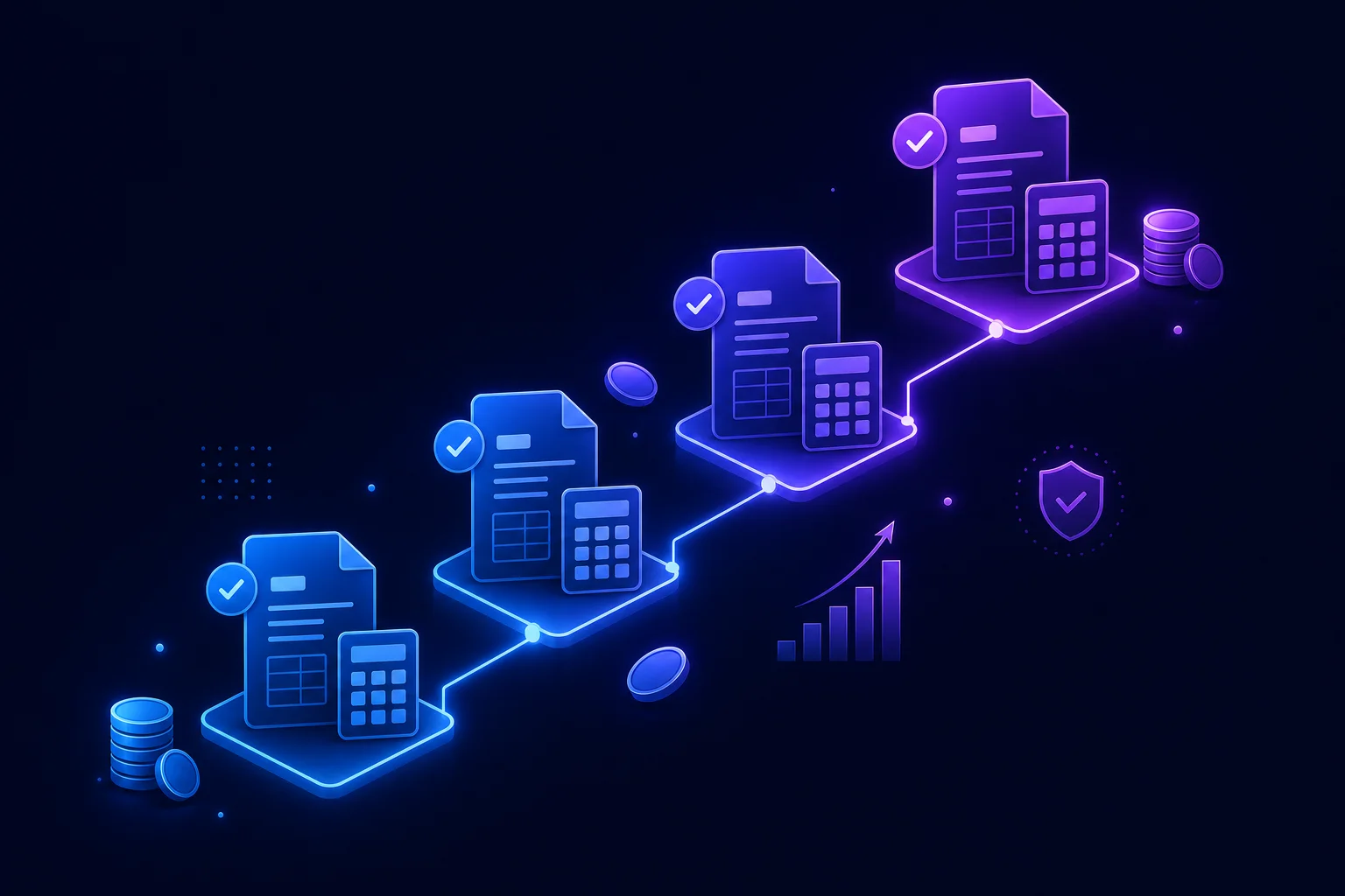 Stappenplan visualisatie met verbonden stappen en financiële iconen voor het afsluiten van het boekjaar in e-Boekhouden.nl