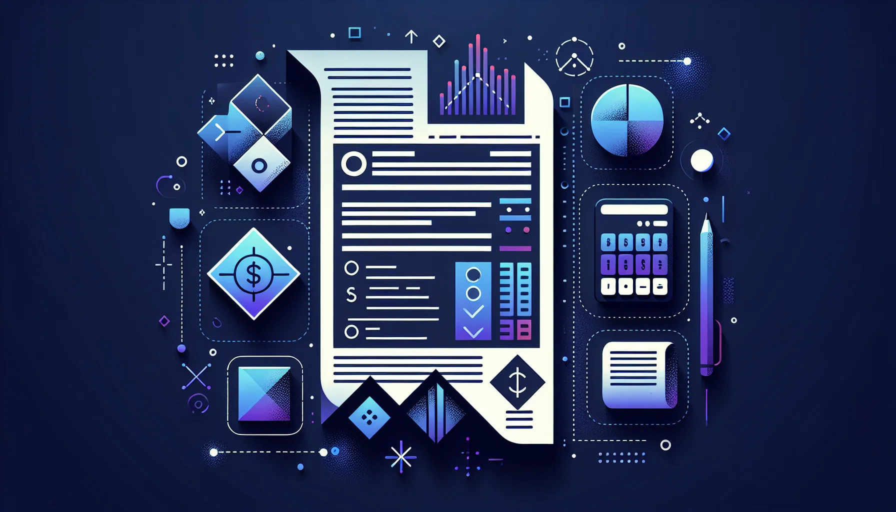 E-boekhouden software kosten en prijzen vergelijking illustratie Abstracte financiële elementen met facturen en rekenmachine iconen in blauw-paars gradient voor e-boekhouden