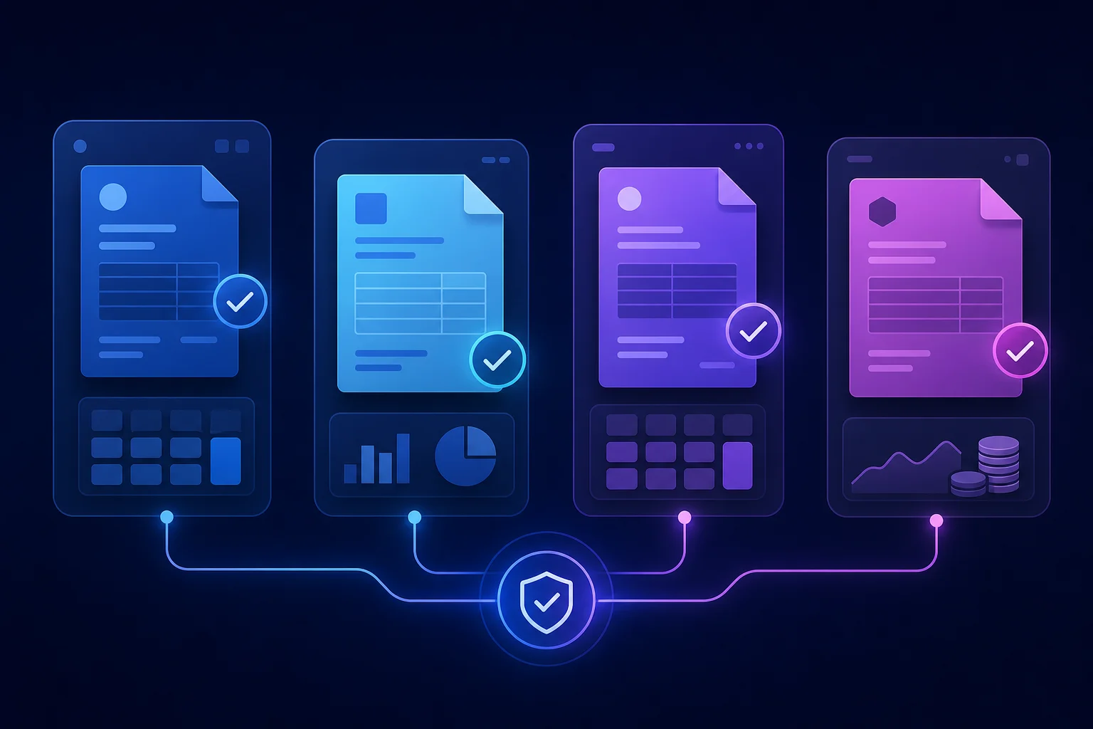 Overzicht van boekhoudsoftware met e-facturatie ondersteuning Abstracte illustratie van meerdere softwarepanelen met factuuriconen die e-facturatie compatibiliteit tonen