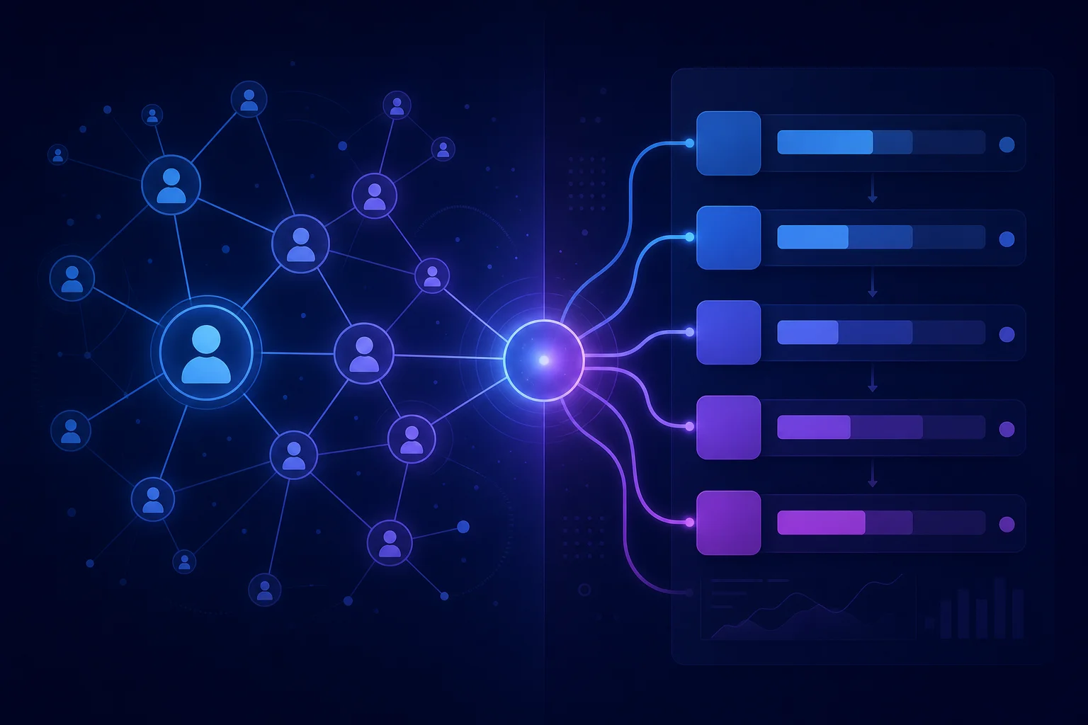 Verschil tussen ERP en CRM systemen visueel weergegeven Visuele vergelijking tussen CRM-netwerkknopen en ERP-pipeline dashboard die het verschil tussen beide systemen tonen