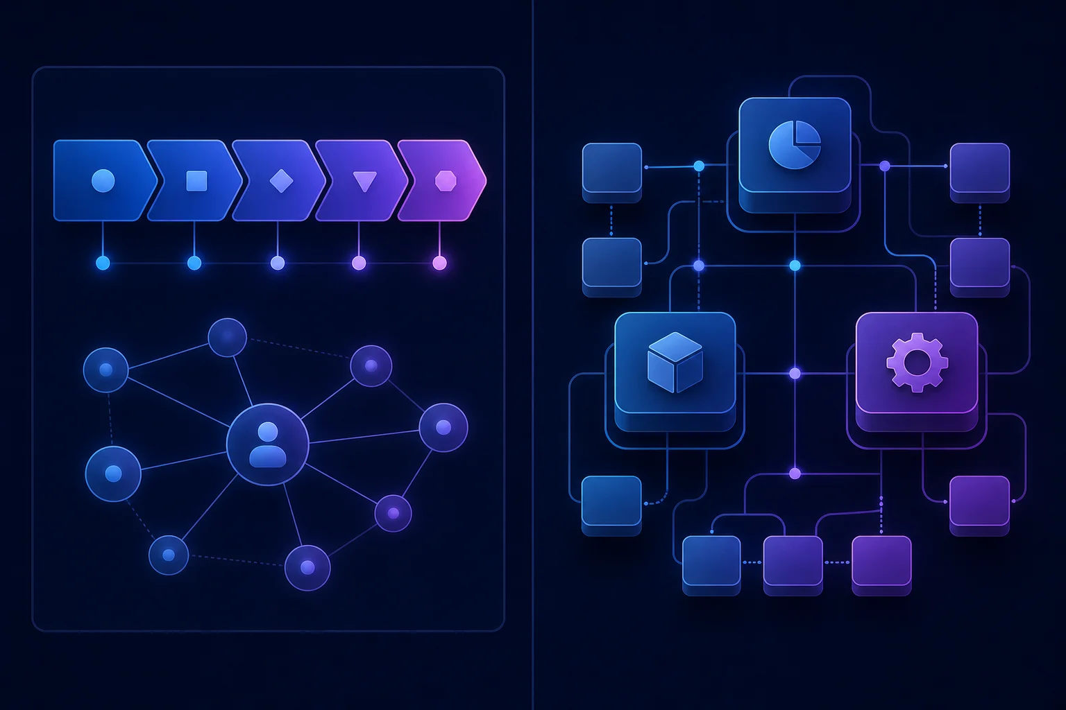 CRM-functionaliteit versus ERP-scope visueel vergeleken Vergelijking tussen compacte CRM-pipeline met klantnetwerk en breder ERP-systeem met gekoppelde bedrijfsmodules