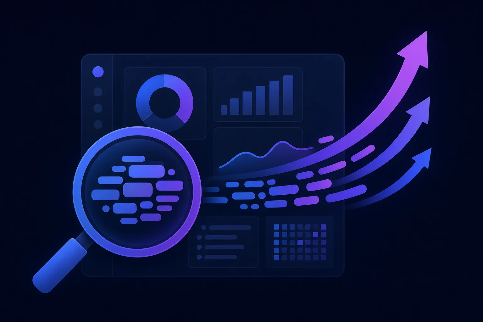 Bestaande SEO-tools inzetten voor AI-zichtbaarheid Vergrootglas, opwaartse grafieklijnen en abstracte keyword-cloud symboliseren hergebruik van SEO-tools voor AI-zichtbaarheid