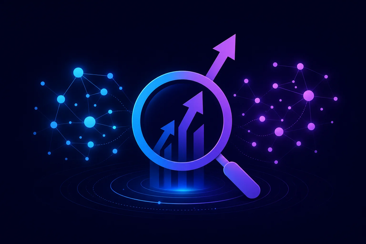 AI-zichtbaarheid meten met GEO tools Abstracte illustratie van een vergrootglas, stijgende grafieklijnen en een keyword-cloud in blauw-paarse gradient tegen donke