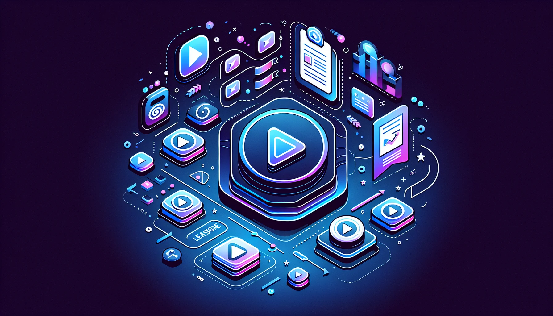 Visuele vergelijking van online cursusplatform functies en mogelijkhed Abstracte illustratie met play buttons, certificaten en lesstroomdiagrammen voor cursusplatformen vergelijking