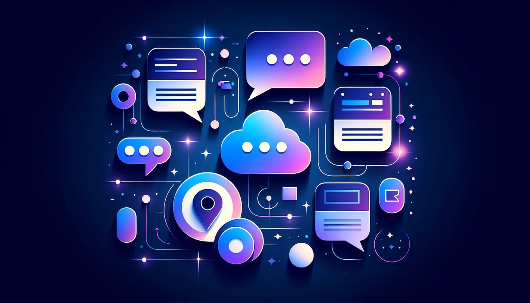 Visuele representatie van helpdesk tools en klantenservice systemen Chat bubbels en support ticket iconen in blauwe en paarse kleurverlopen voor helpdesk software vergelijking