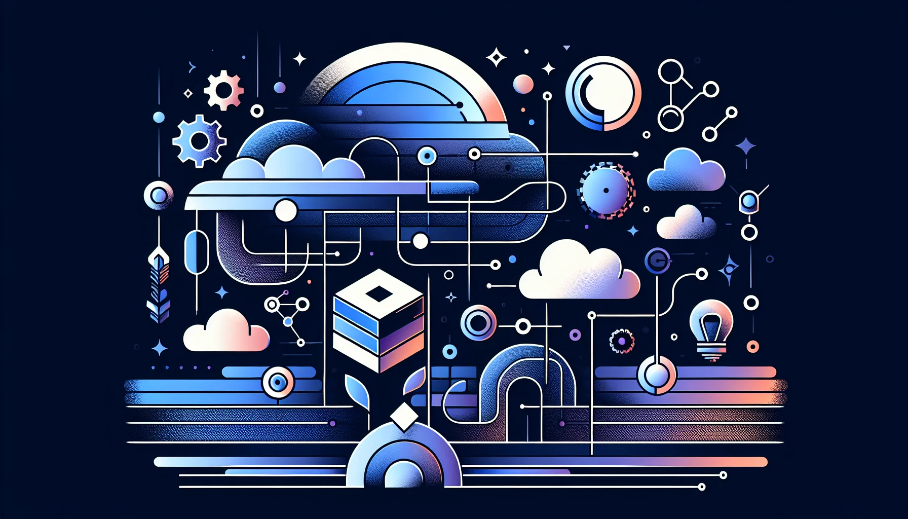 SaaS tools vergelijking illustratie - Complete gids 2026 Abstracte productiviteitstools en workflow connectoren in blauwe gradiënten op donkere achtergrond