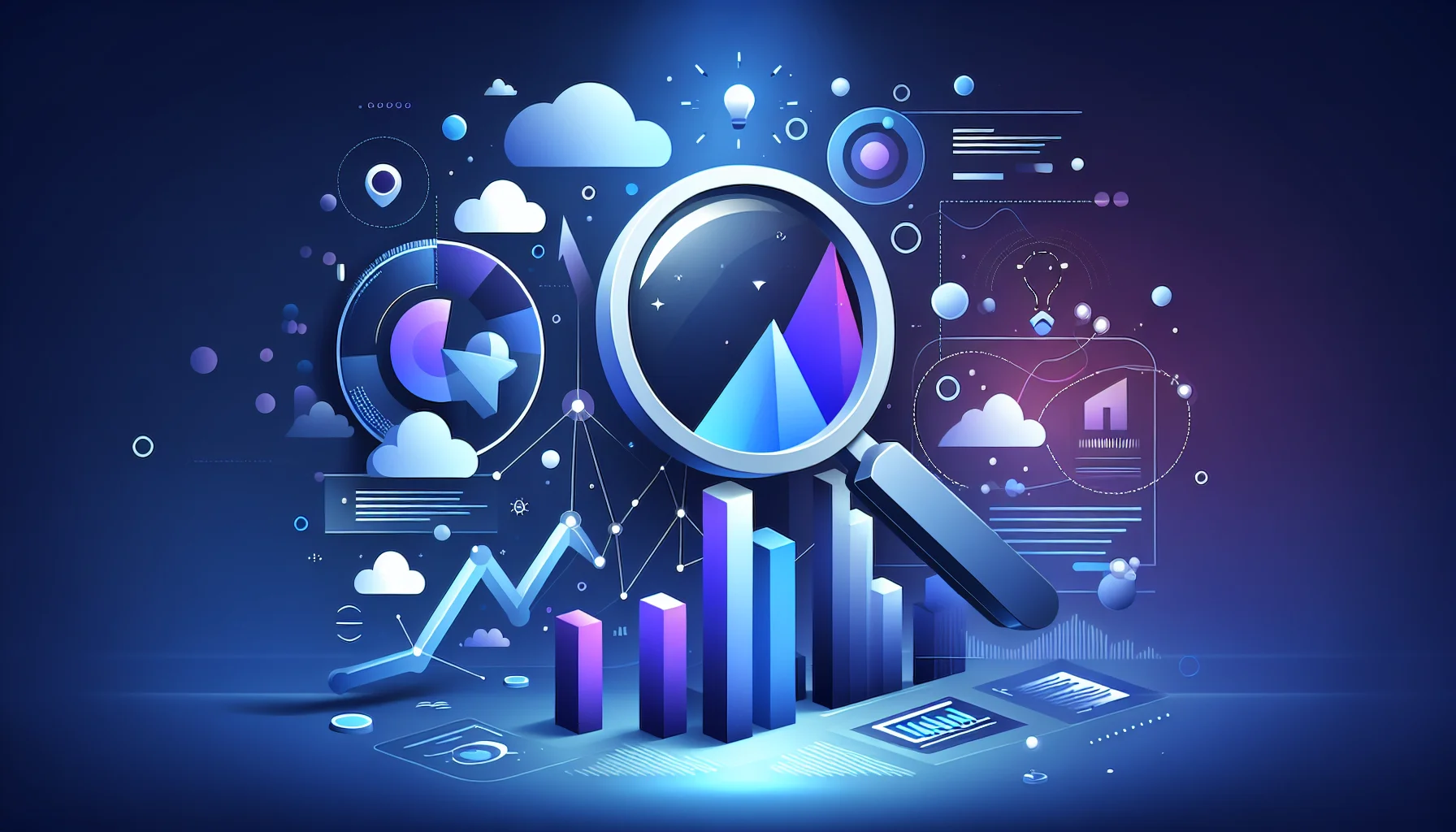 SEO tools vergelijking illustratie met analytics en zoekfuncties Vergrootglas over SEO dashboards met stijgende grafieken en keyword wolken op donkere achtergrond