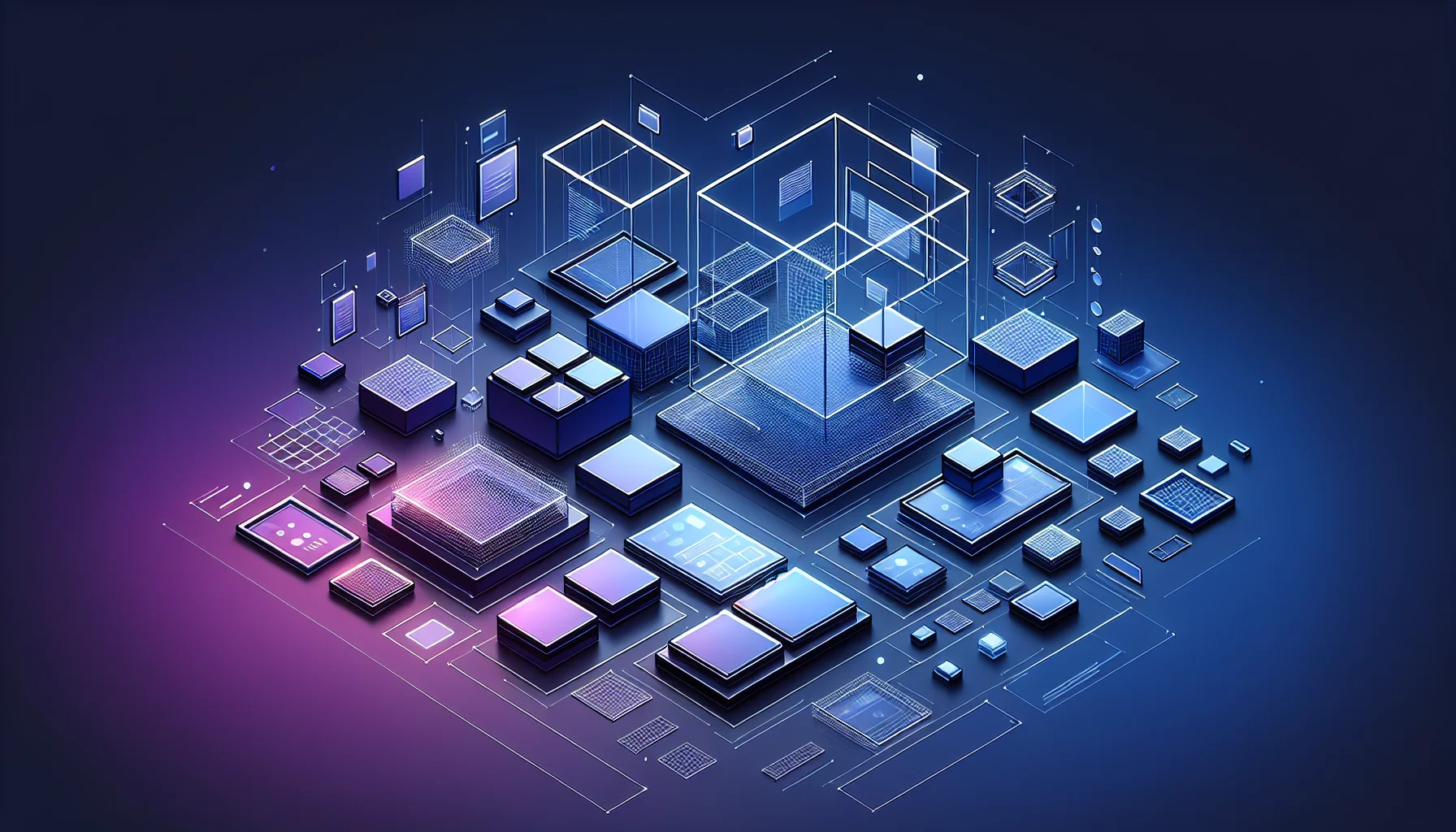 Website builder componenten illustratie voor complete gids 2026 Zwevende wireframe blokken en modulaire grid componenten in blauw-paarse kleuren op donkere achtergrond