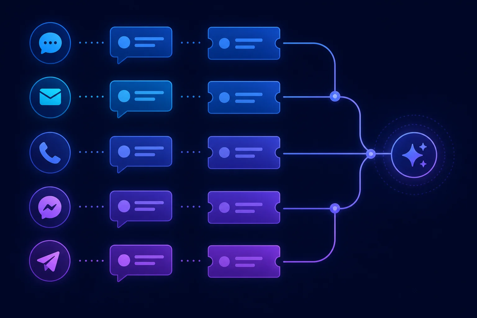 Abstracte iconen van chatbubbels, tickets en verbonden lijnen die ticketing, AI en omnichannel functies vergelijken