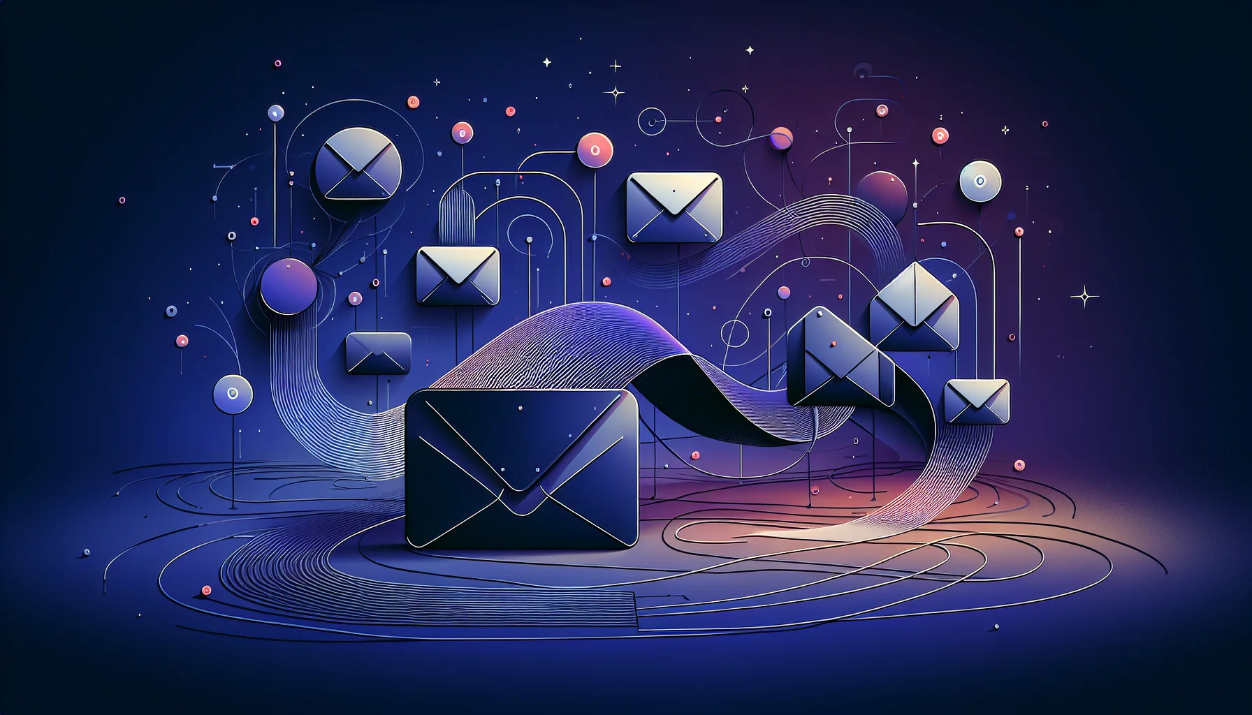 Email marketing tool selectie visualisatie met moderne flow diagrammen Abstracte enveloppen verbonden door stroomdiagrammen met inbox visualisatie elementen op donkerblauwe achtergrond