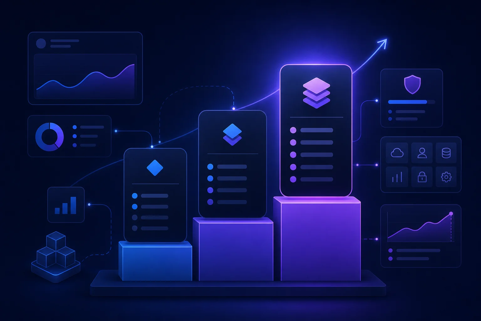 HubSpot CRM prijzen 2026 - overzicht abonnementstiers Abstracte weergave van gelaagde HubSpot CRM prijsplannen met oplopende geometrische balken en verbindingslijnen