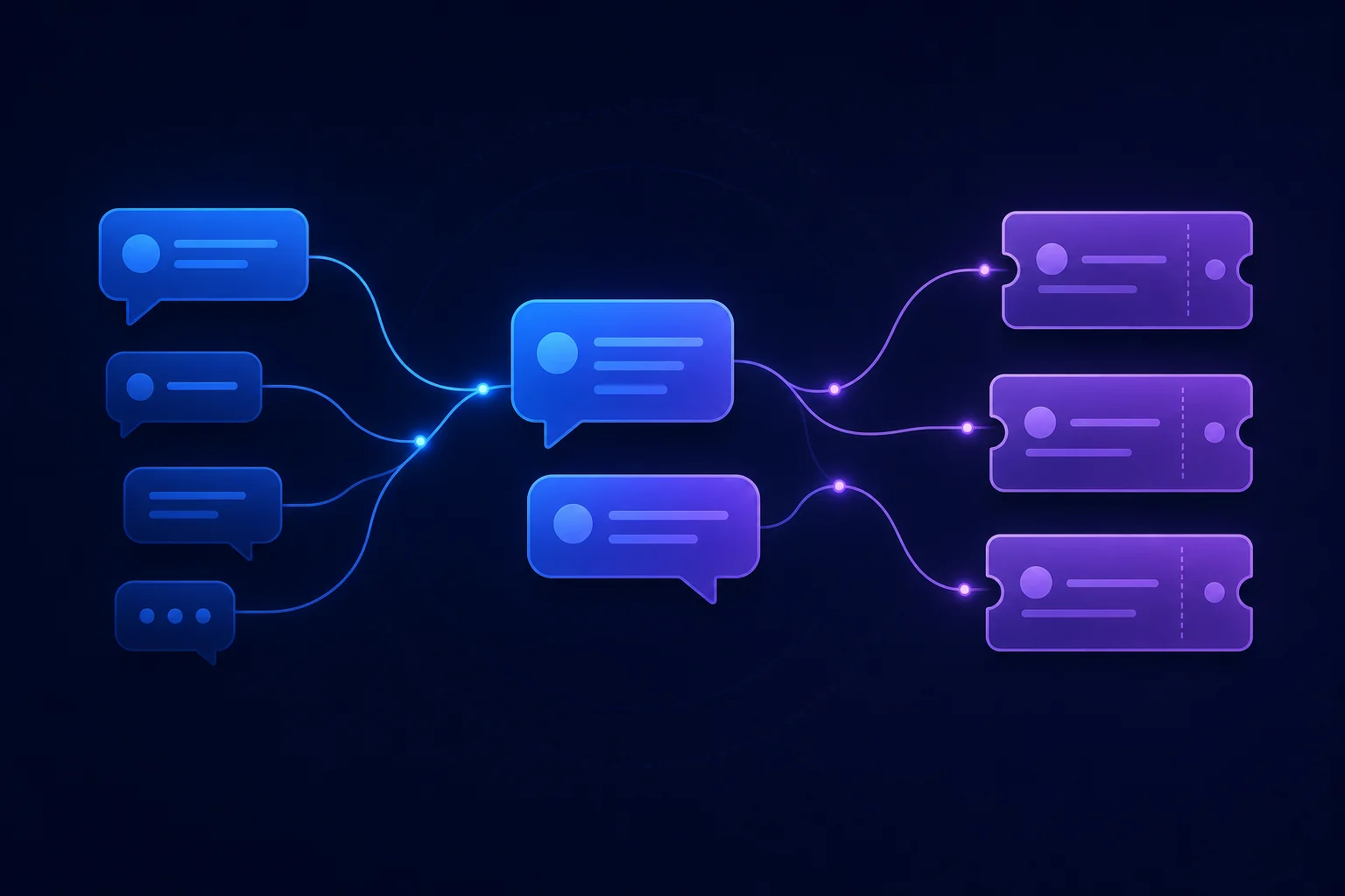 Rij van abstracte chatbubbels en ticketvormen die verschillende KPN helpdesk-alternatieven visueel vergelijken