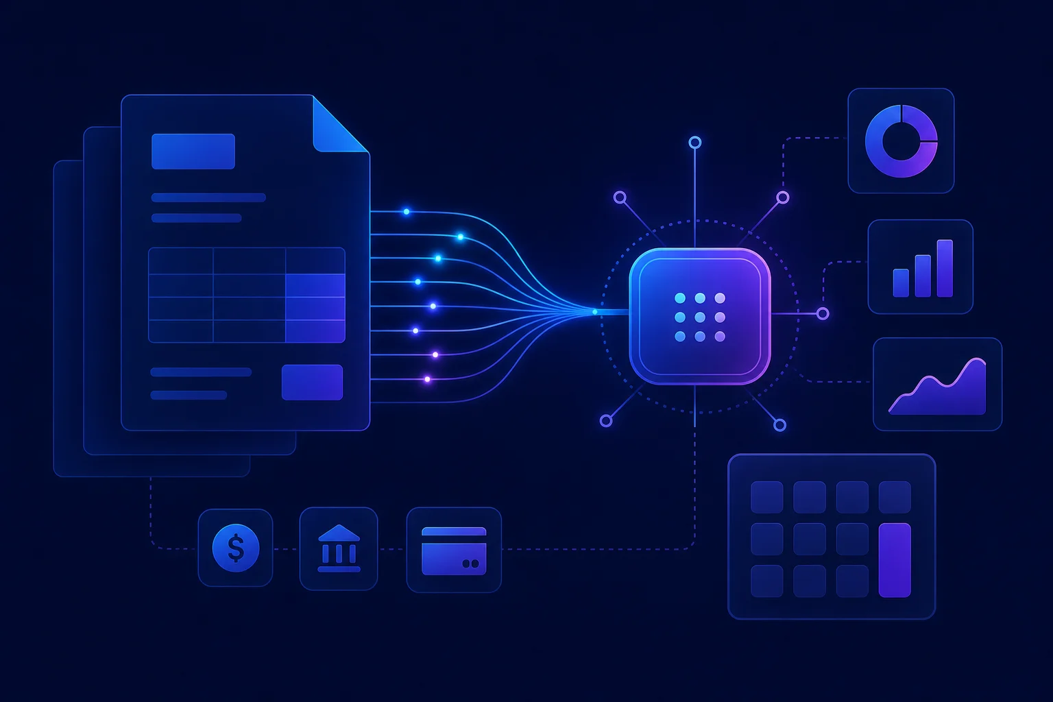 Abstracte illustratie van gekoppelde factuurdocumenten en API-knooppunten die de praktische werking van de Moneybird API tone