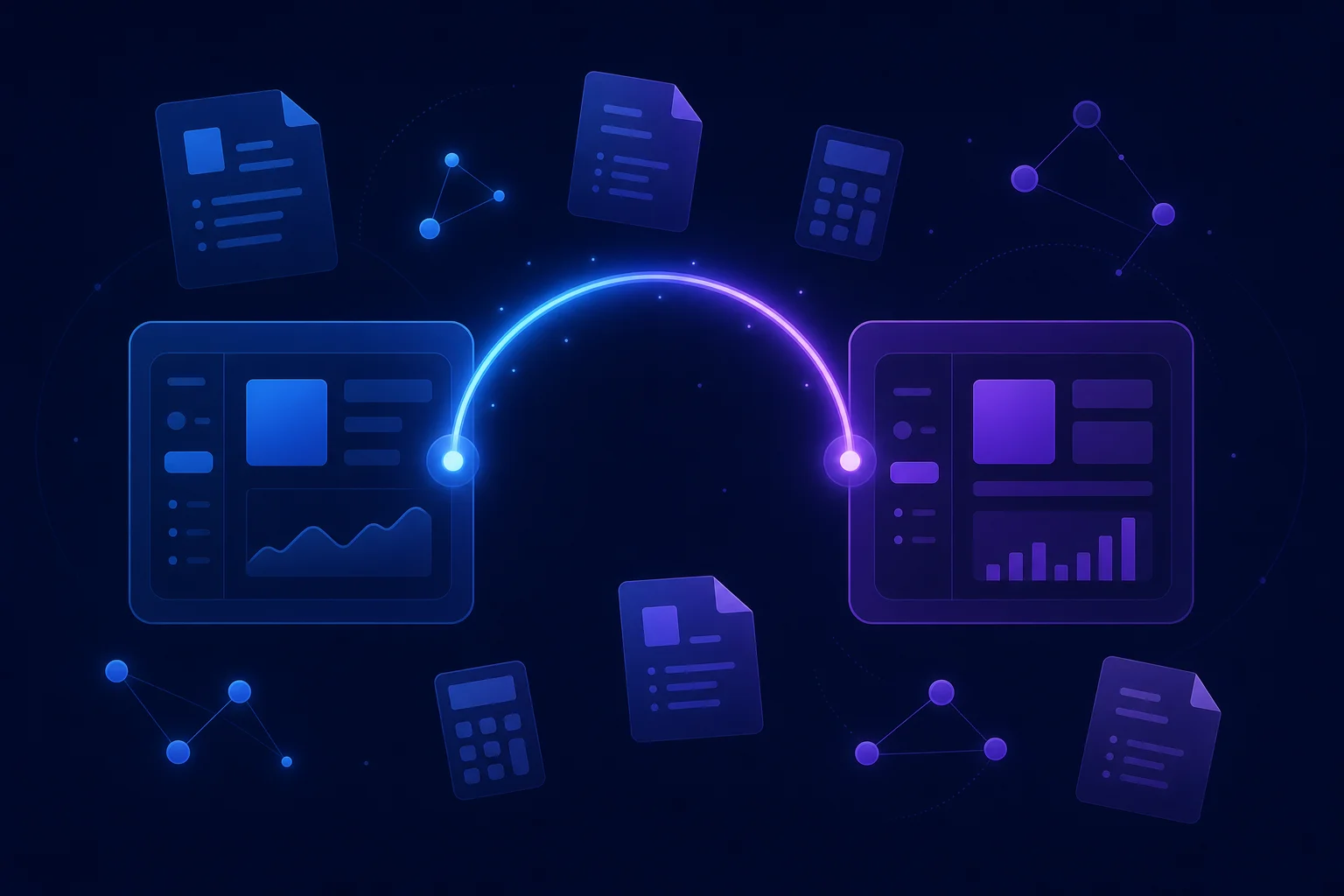 Werking van de Moneybird-koppeling voor boekhouders Twee gekoppelde interfacepanelen met factuur- en rekenmachine-iconen die de Moneybird-koppeling voor boekhouders symboliseren