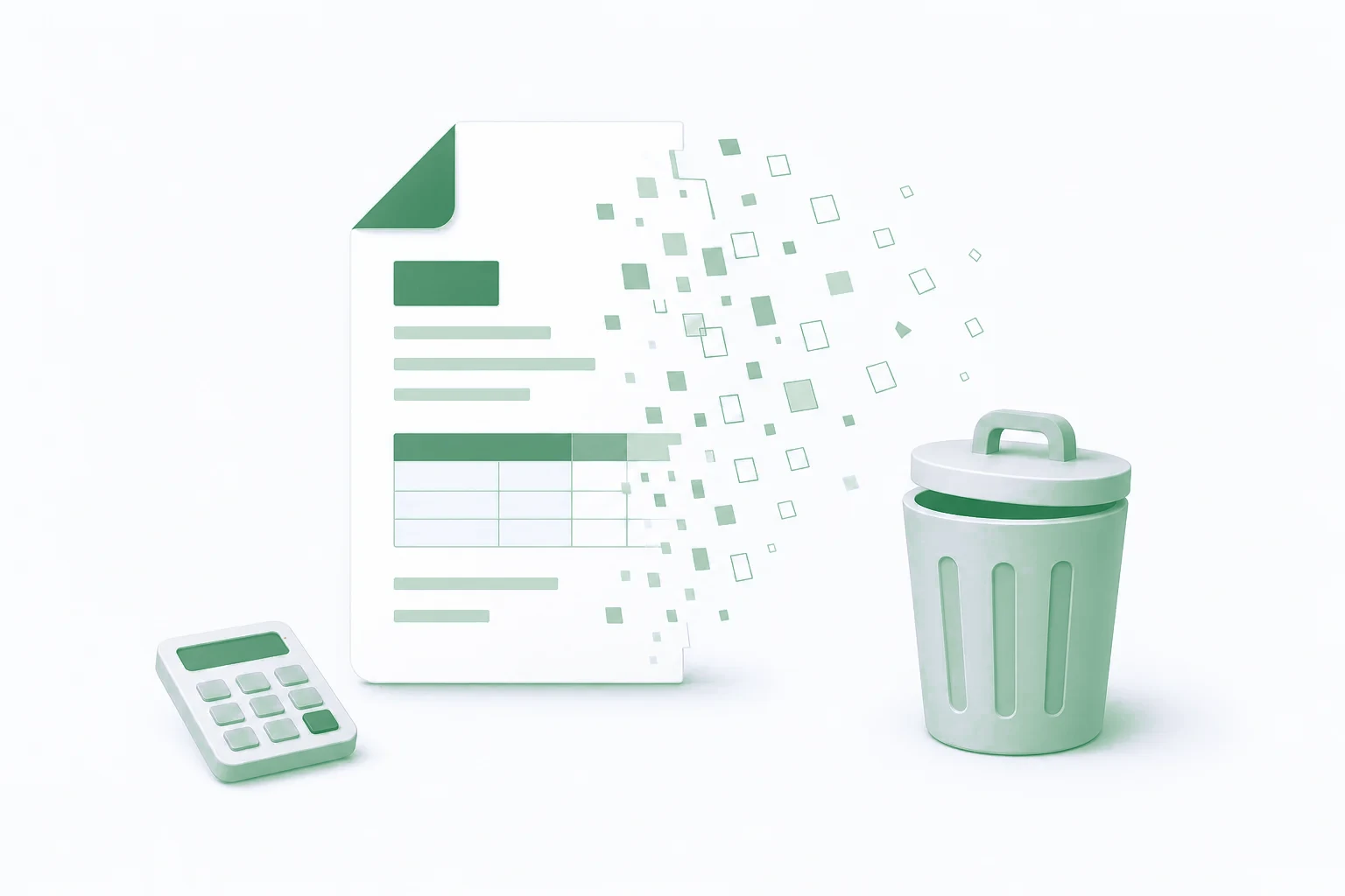 Moneybird-account definitief verwijderen Illustratie van een vervagend factuurdocument naast een prullenbak-icoon, symbool voor het verwijderen van het Moneybird-acco