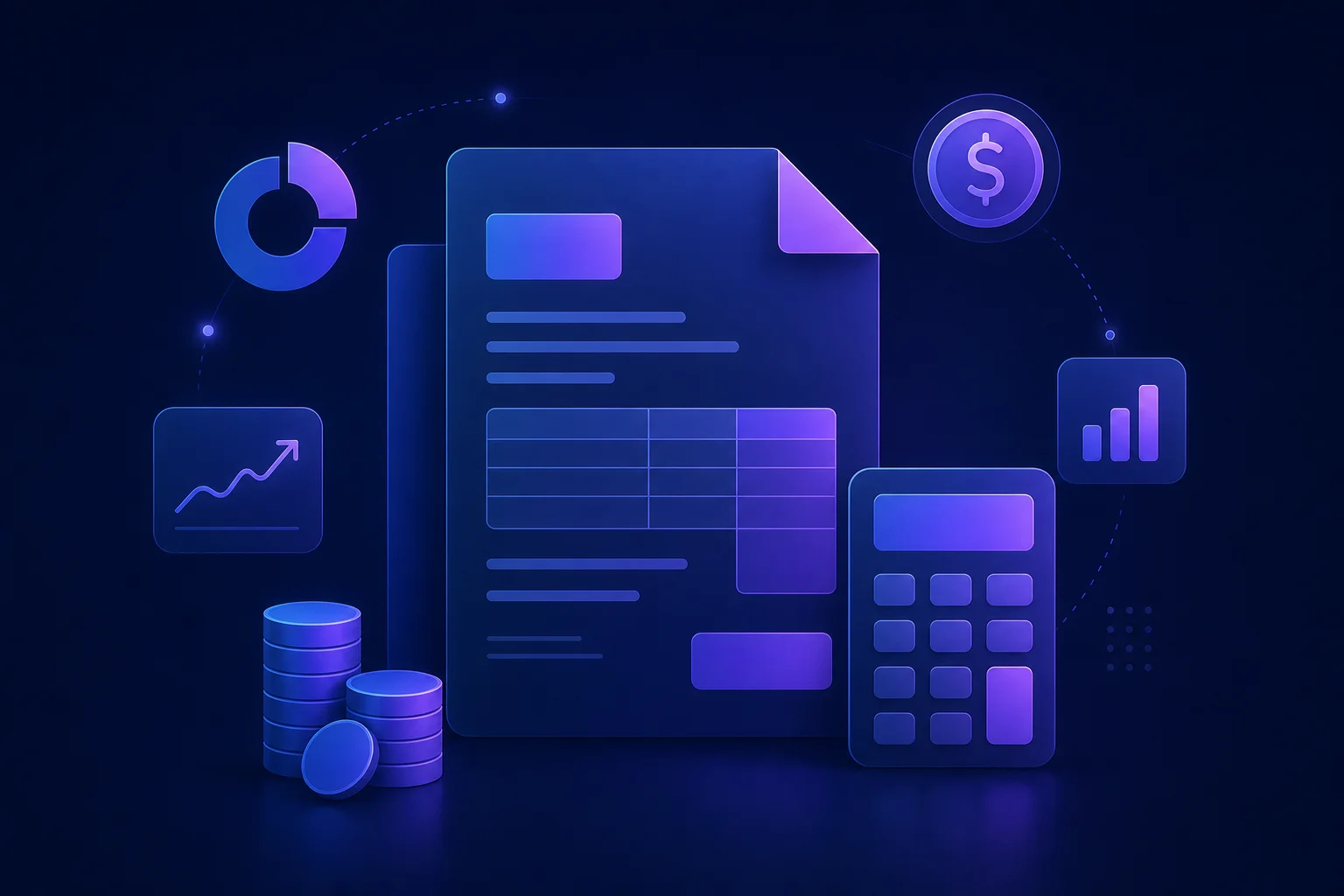 Overzicht van boekhoudsoftware kosten en plannen Abstracte illustratie van facturen, rekenmachine en financiële iconen symboliseert boekhoudsoftware prijzen