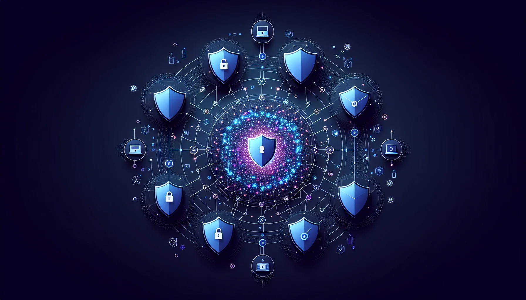 VPN beveiliging en privacy visualisatie Abstracte illustratie van beveiligingsschillen rond een versleutelde datatunnel met netwerkverbindingen