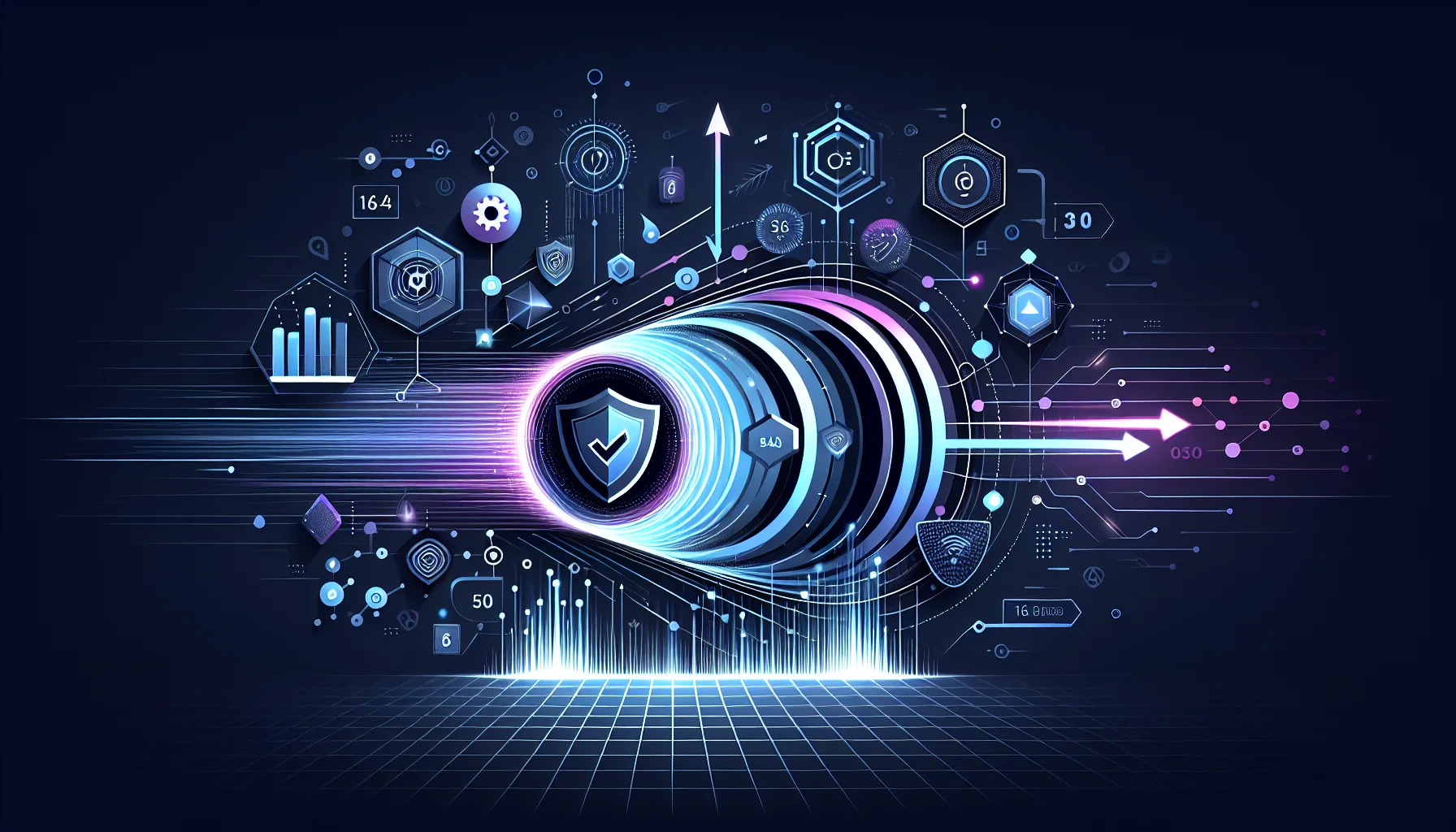 VPN snelheid en prestaties visualisatie Abstracte illustratie van snelheidsindicatoren en prestatiemetingen met beveiligde netwerktunnels