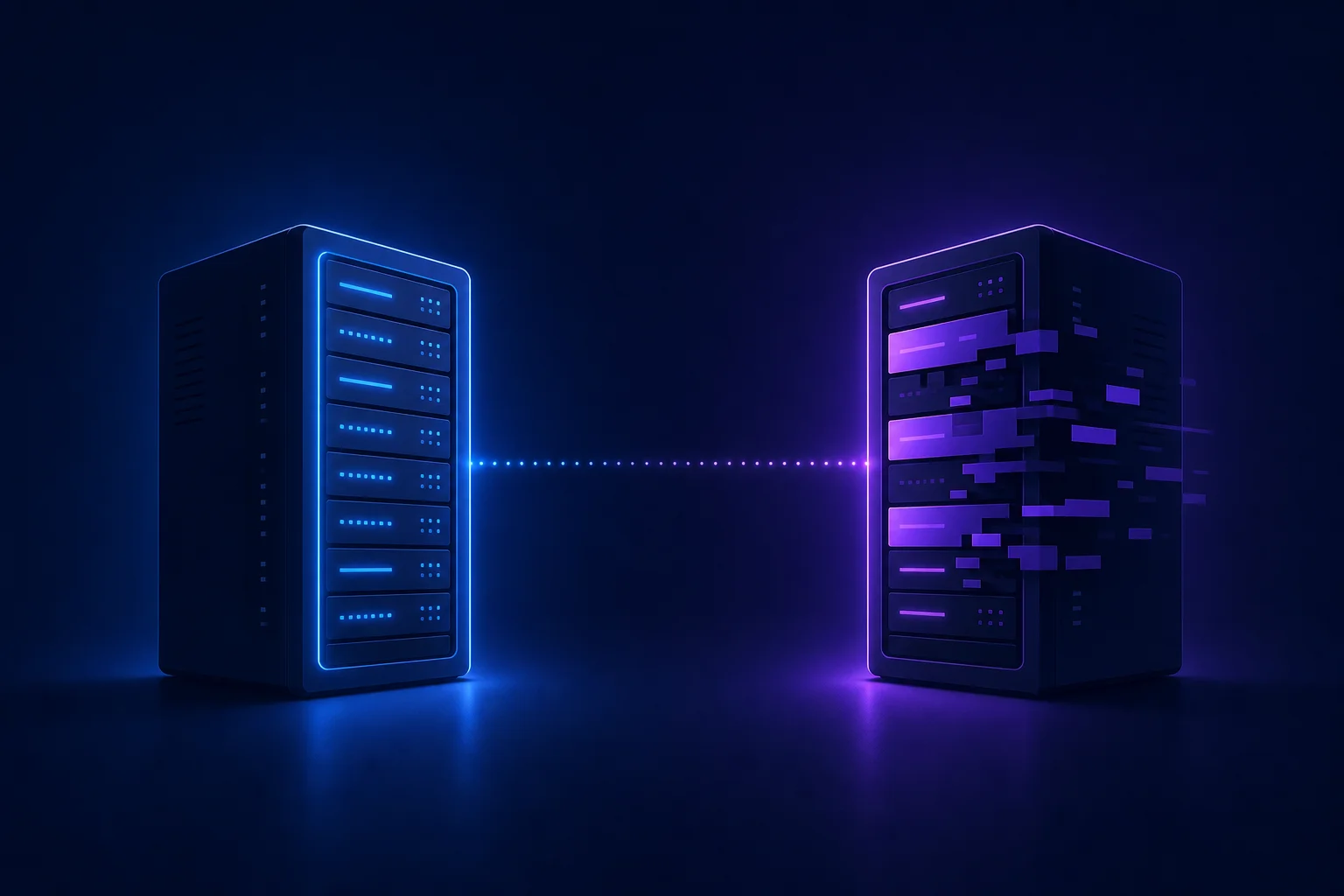 Twee serverrack-silhouetten met deels bijgewerkte panelen, symbool voor hostingproviders die voorwaarden nog aanpassen